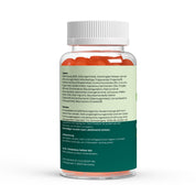 Transparente Flasche mit roten Gummibärchen, Rückseite mit Zutatenliste und Hinweisen, Empfehlung zur Aufbewahrung;

