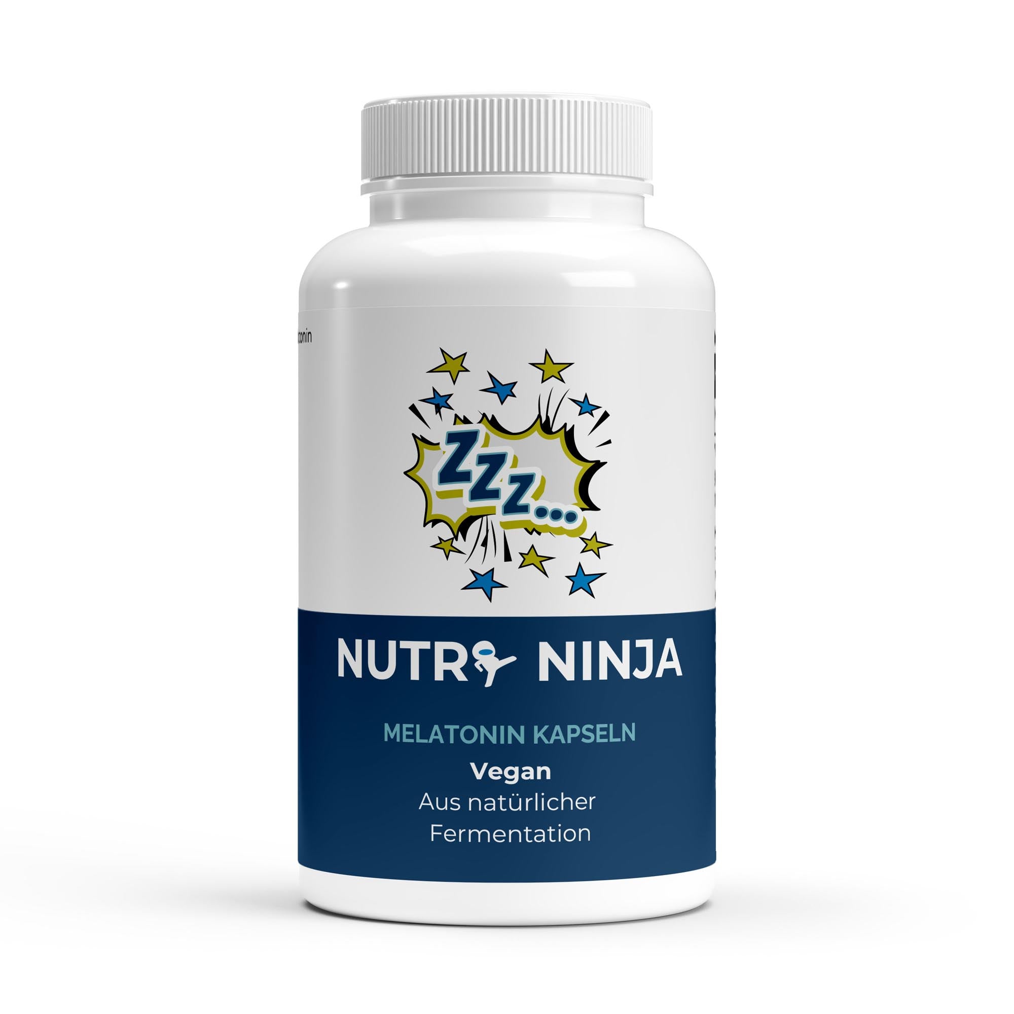 NUTRI NINJA Melatonin Kapseln, vegane Nahrungsergänzung aus natürlicher Fermentation, weiße Flasche mit blauem Etikett und Comic-Sprechblase mit 'Zzz';