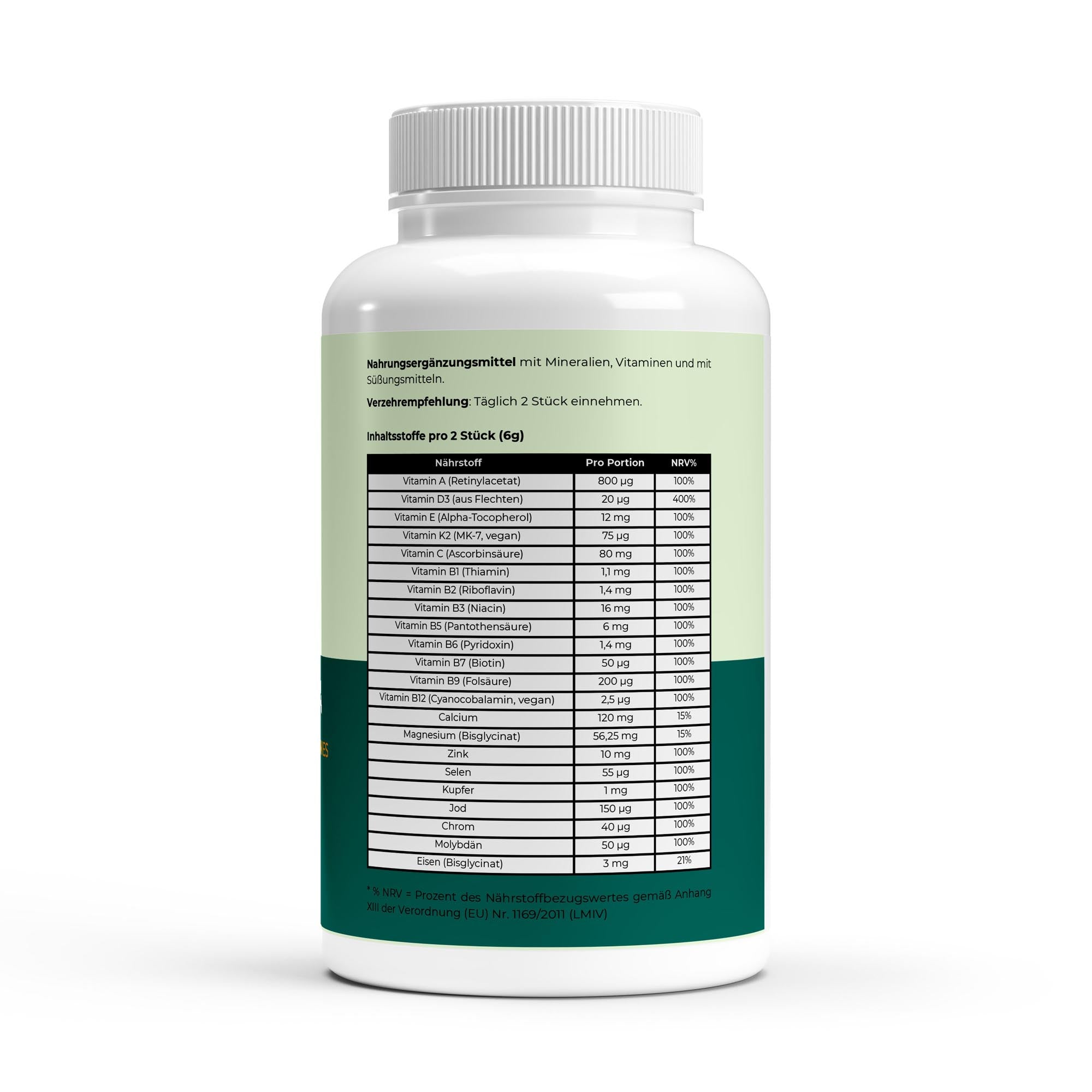 Nahrungsergänzungsmittel mit Mineralien und Vitaminen, Tabelle zeigt Nährstoffgehalte pro Portion und deren Prozentwerte des Tagesbedarfs;