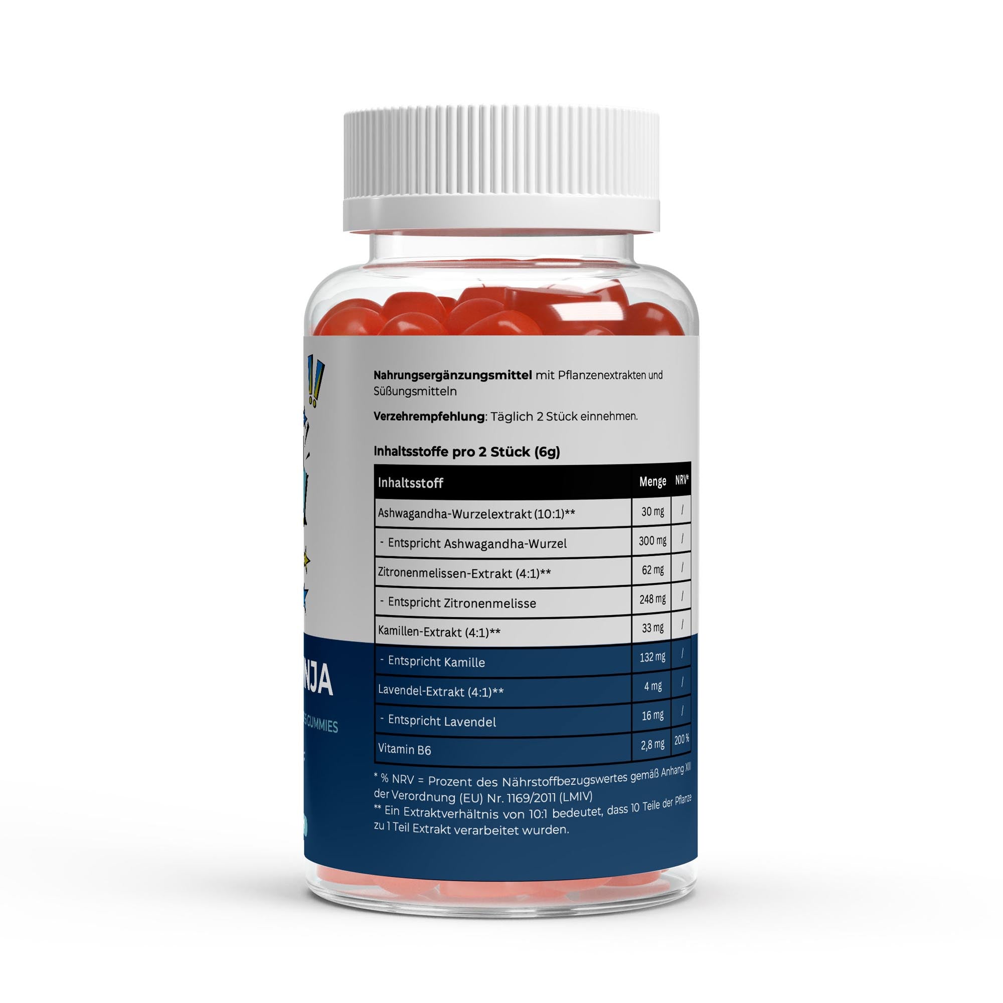 Transparente Flasche mit Nahrungsergänzungsmitteln, enthält Ashwagandha-Wurzelextrakt, Zitronenmelissen-Extrakt, Kamillen-Extrakt, Lavendel-Extrakt und Vitamin B6, Tagesdosis 2 Stück;