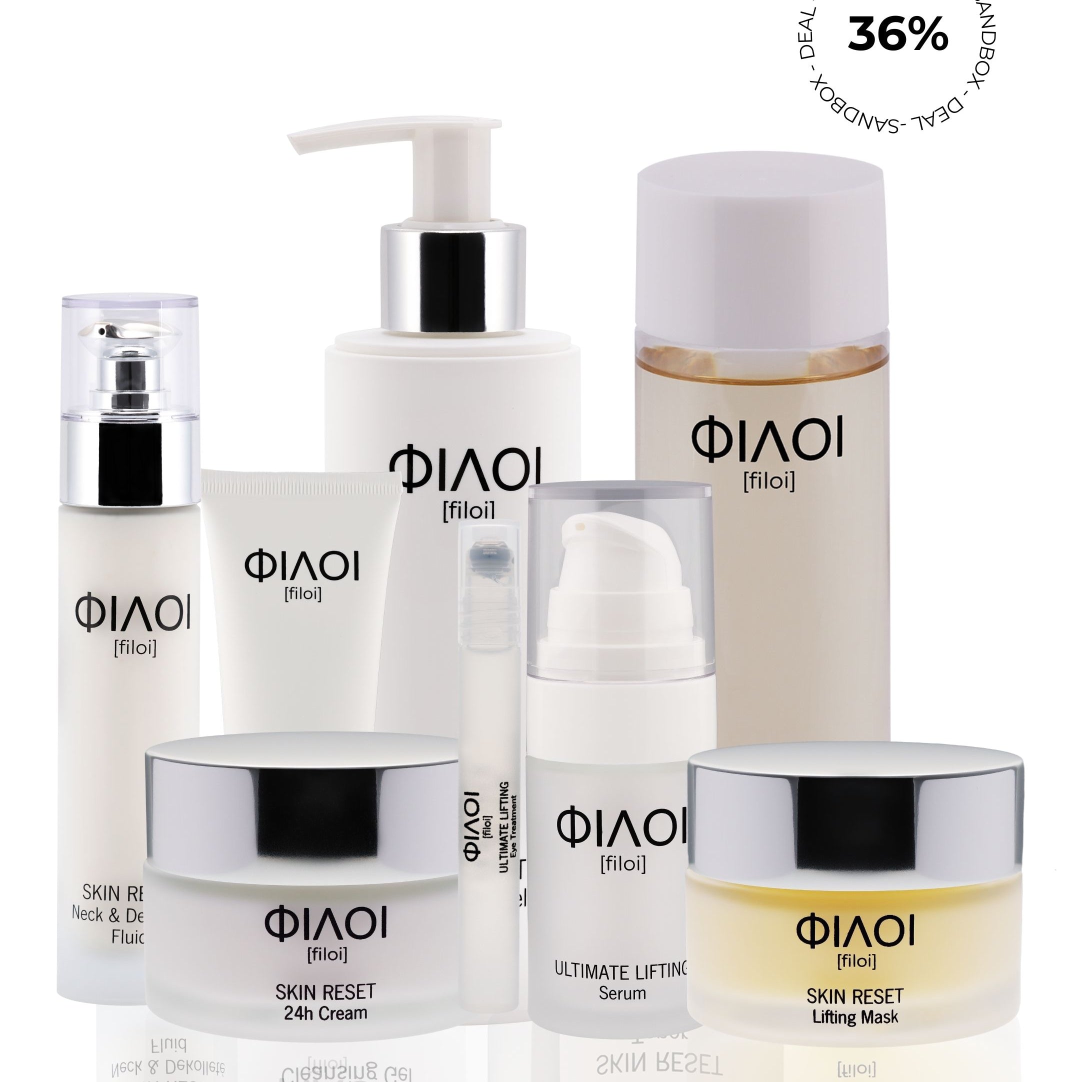 Verschiedene Hautpflegeprodukte der Marke Filoi, darunter Serum, Lifting Mask, 24h Creme und Neck & Decollete Fluid, alle in weißen und transparenten Behältern;