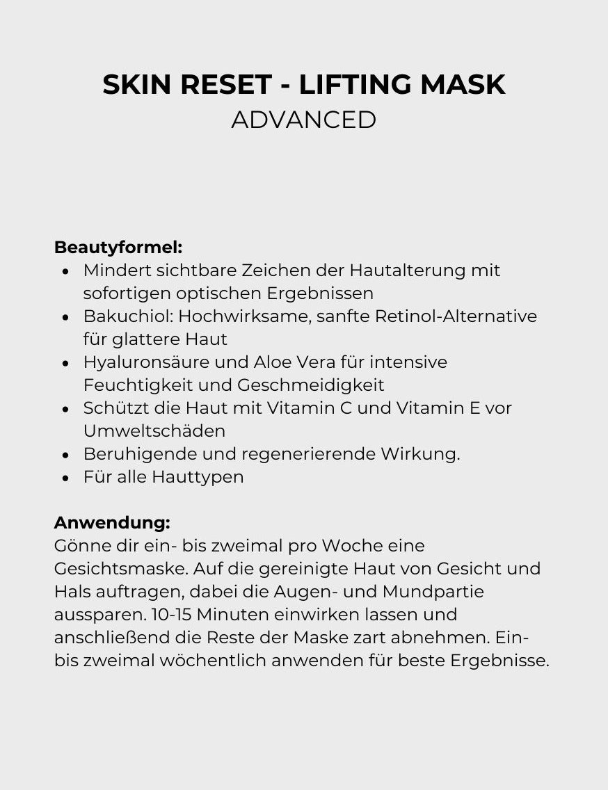 Textbeschreibung einer Hautpflege-Maske mit Wirkstoffen wie Bakuchiol, Hyaluronsäure, Aloe Vera, Vitamin C und E, Anwendungshinweise für Gesicht und Hals;