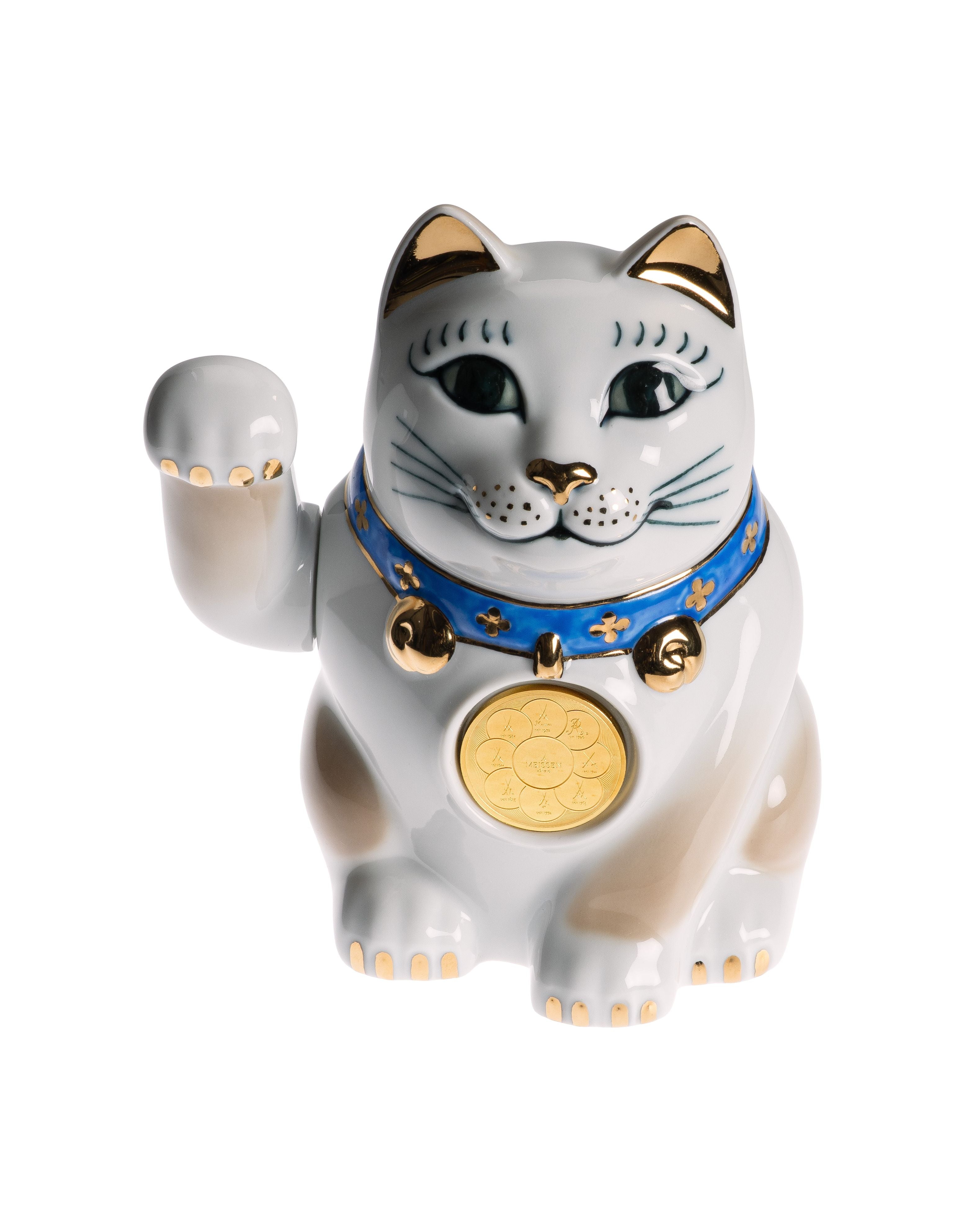 Feinstes Porzellan „Weißgold“ kombiniert mit einer feinen Goldmünze. Kostbares Symbol des Glücks streng begrenzt auf nur 100 Fortune Katzen mit Goldmünze. Symbol für Sicherheit, Vertrauen und eine positive Zukunft.