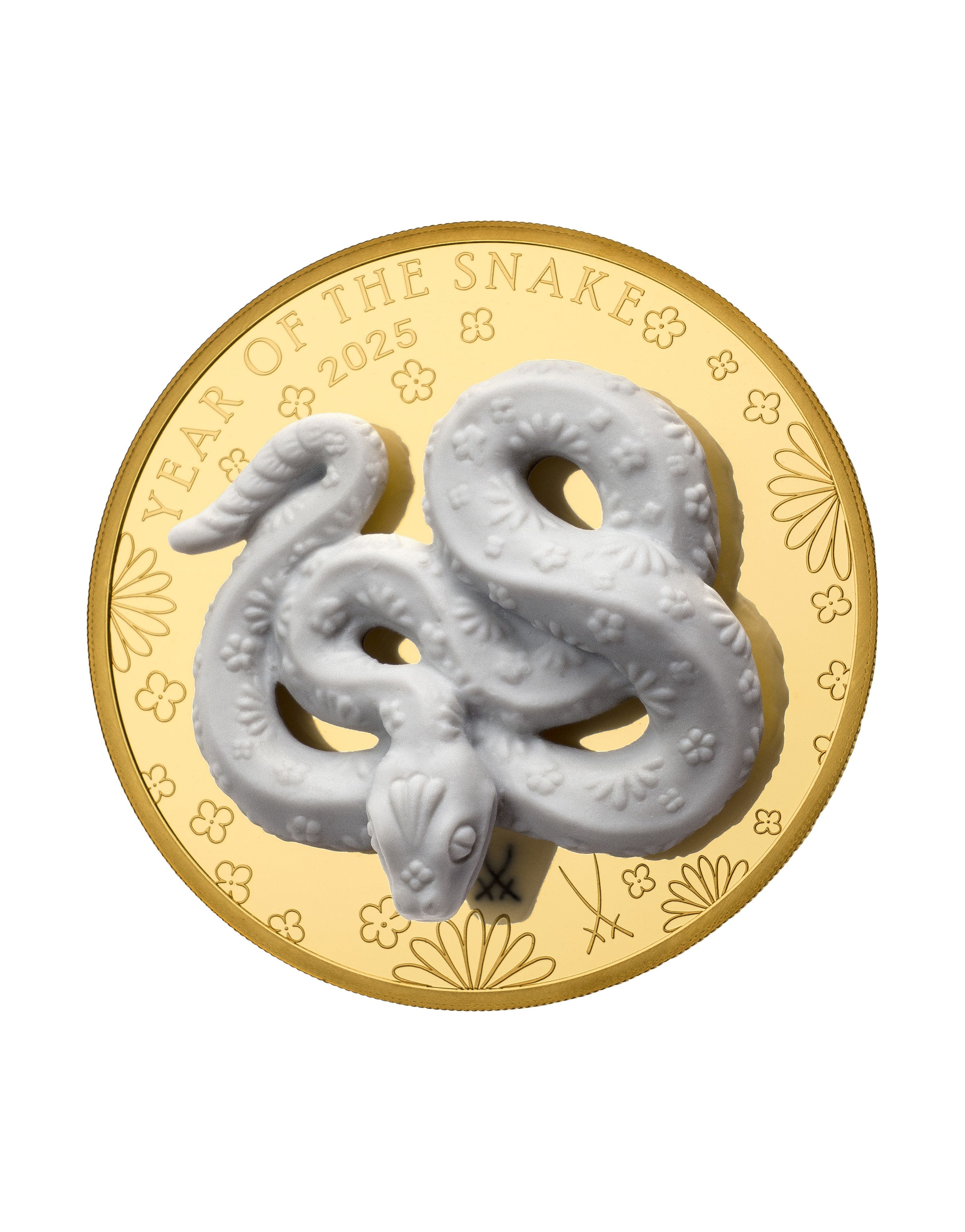 Einzigartige Goldmünze mit einem handgefertigter Meissener PorzellanSchlange.