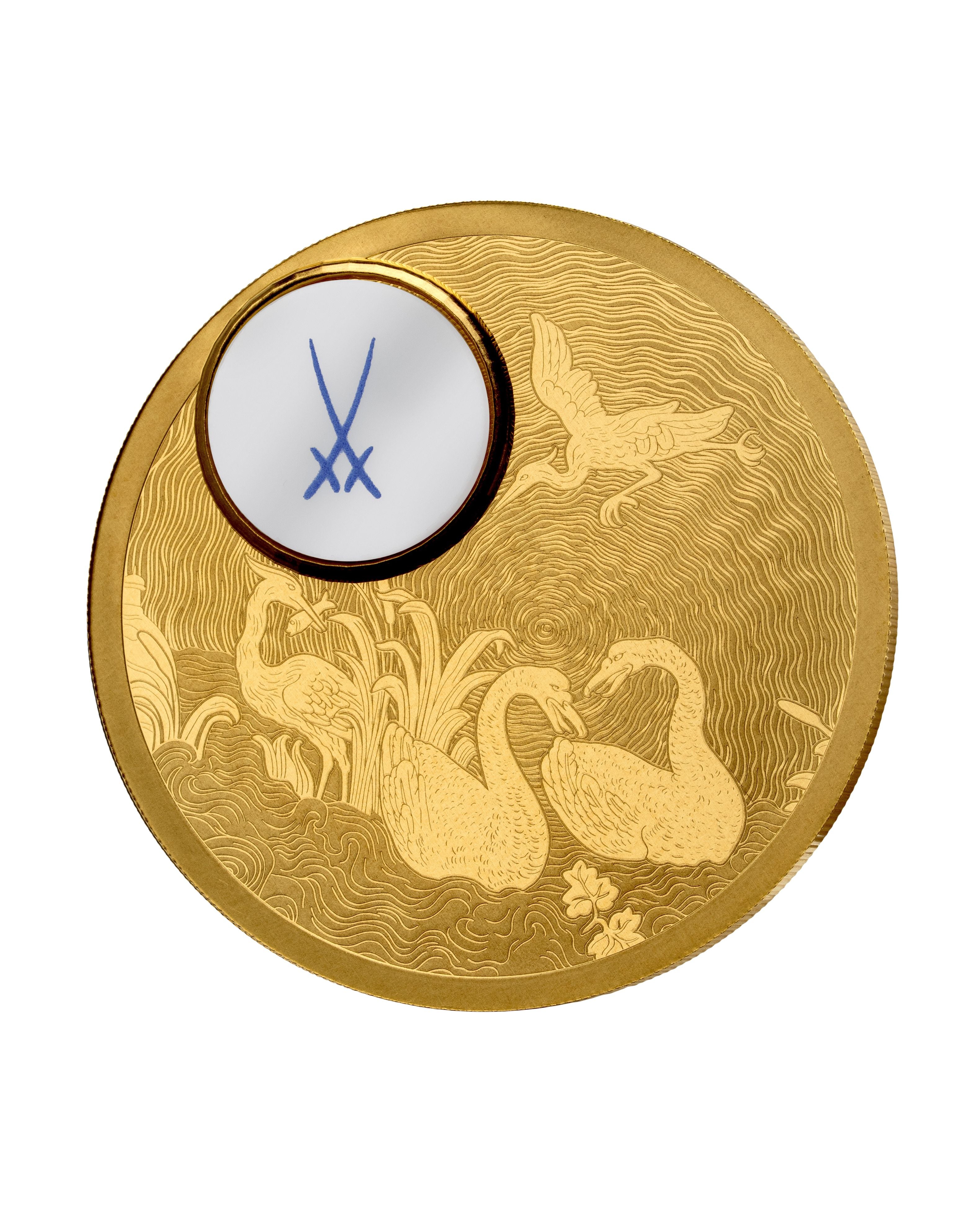 Einzigartige Goldmünze mit einem handgefertigten Meissener Porzellanknopf mit „gekreuzte Schwertern“.