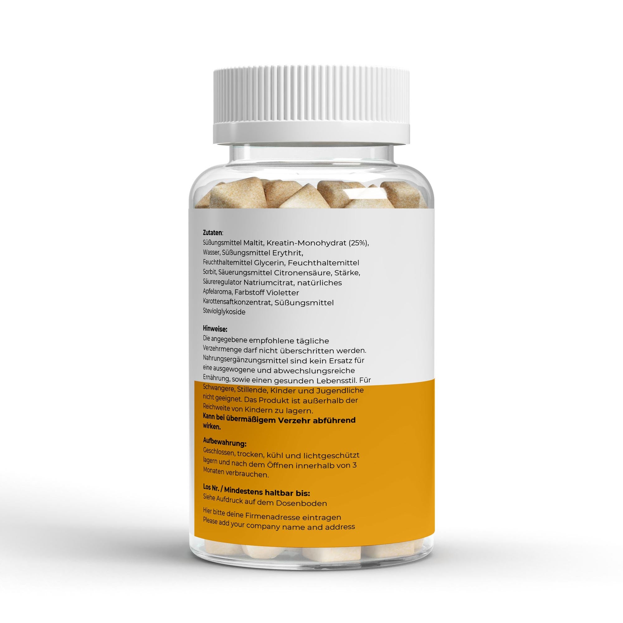 Flasche mit weißen und braunen Kautabletten, Rückseite mit Zutatenliste und Anwendungshinweisen;