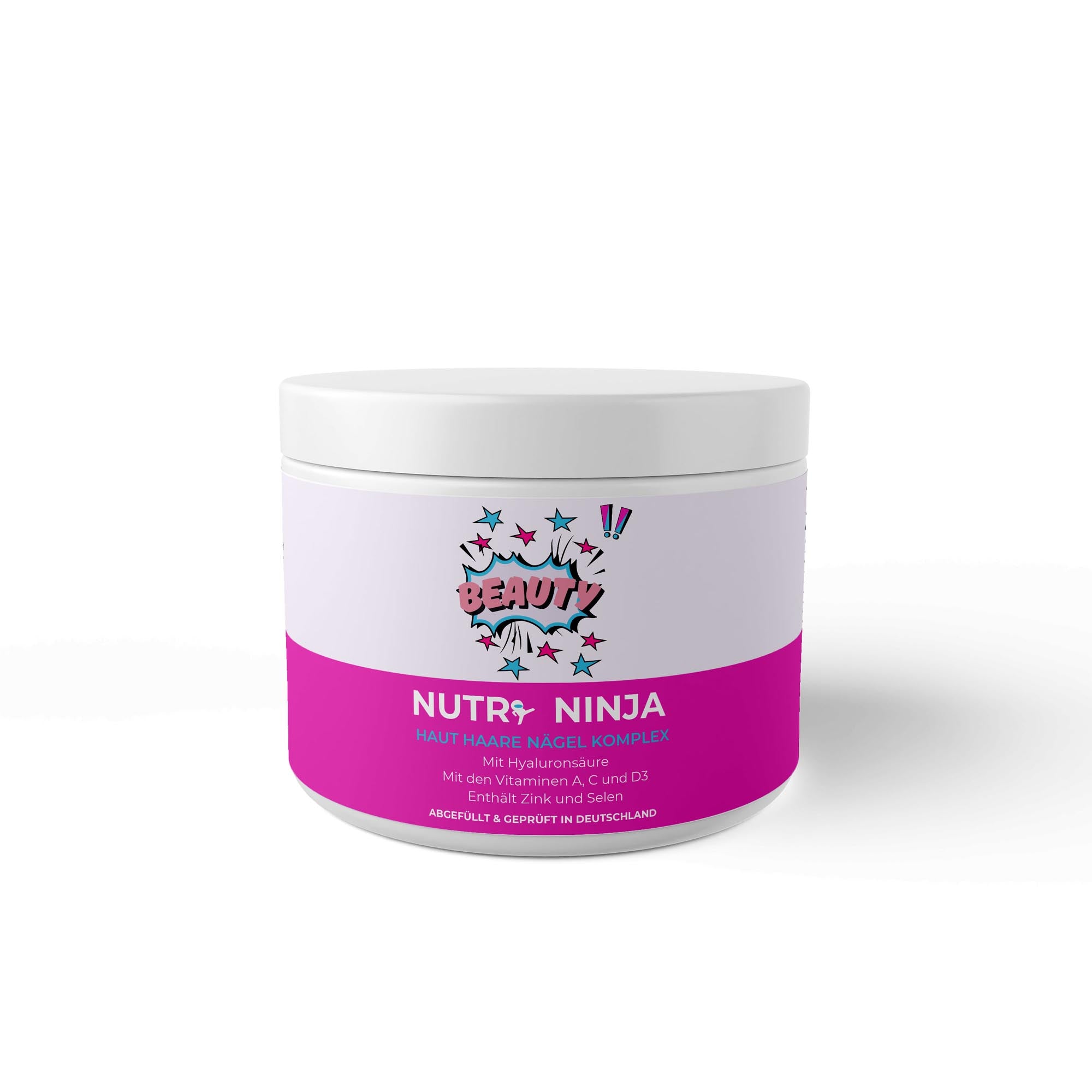 NUTRI NINJA Haut Haare Nägel Komplex mit Hyaluronsäure, Vitaminen A, C, D3, Zink und Selen, Dose mit weißem Deckel;