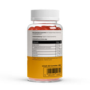 Transparente Flasche mit 60 orangen Gummies als Nahrungsergänzung mit Shilajit-Extrakt, Vitamin C, B6 und B12, Dosierungsempfehlung 2 Stück täglich;