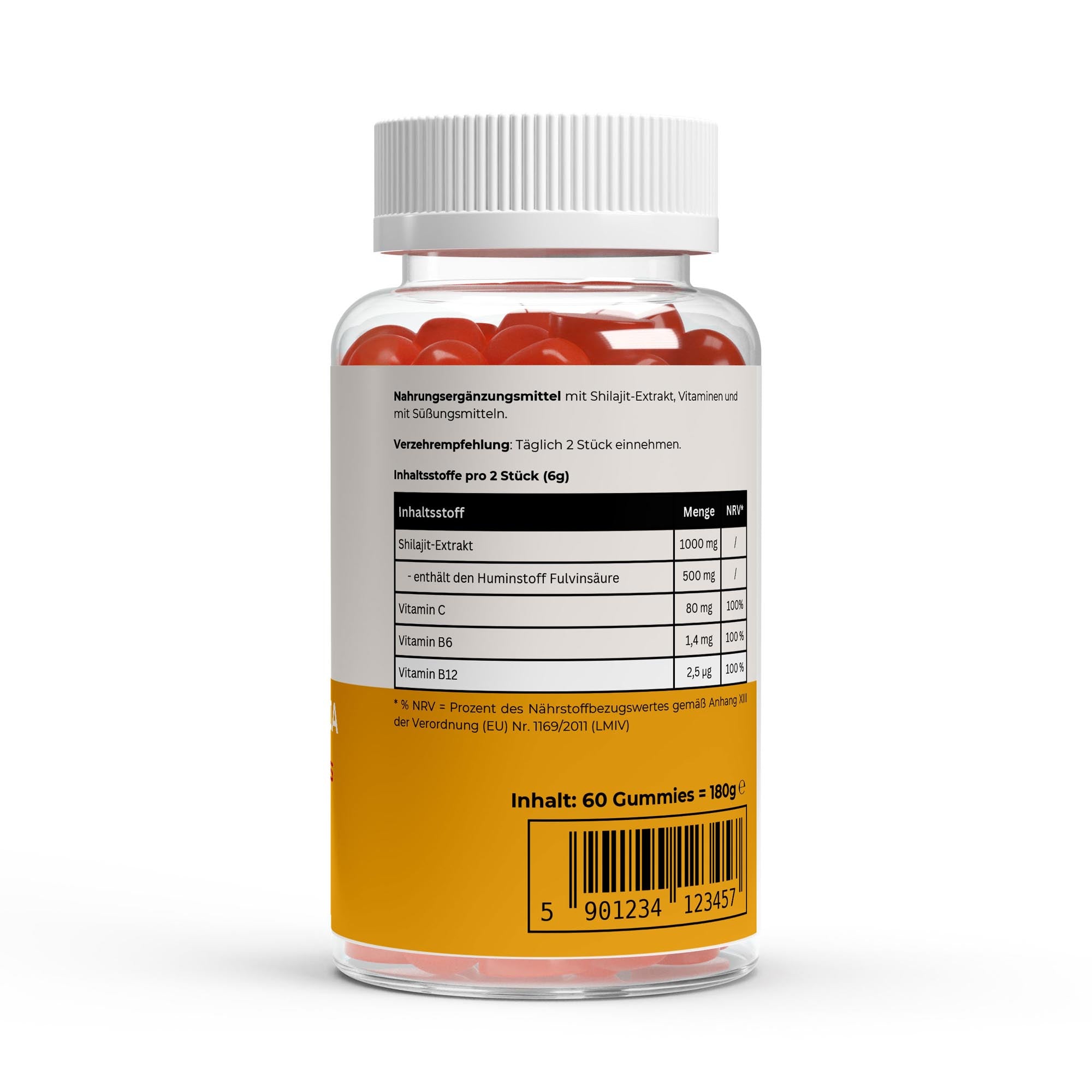 Transparente Flasche mit 60 orangen Gummies als Nahrungsergänzung mit Shilajit-Extrakt, Vitamin C, B6 und B12, Dosierungsempfehlung 2 Stück täglich;