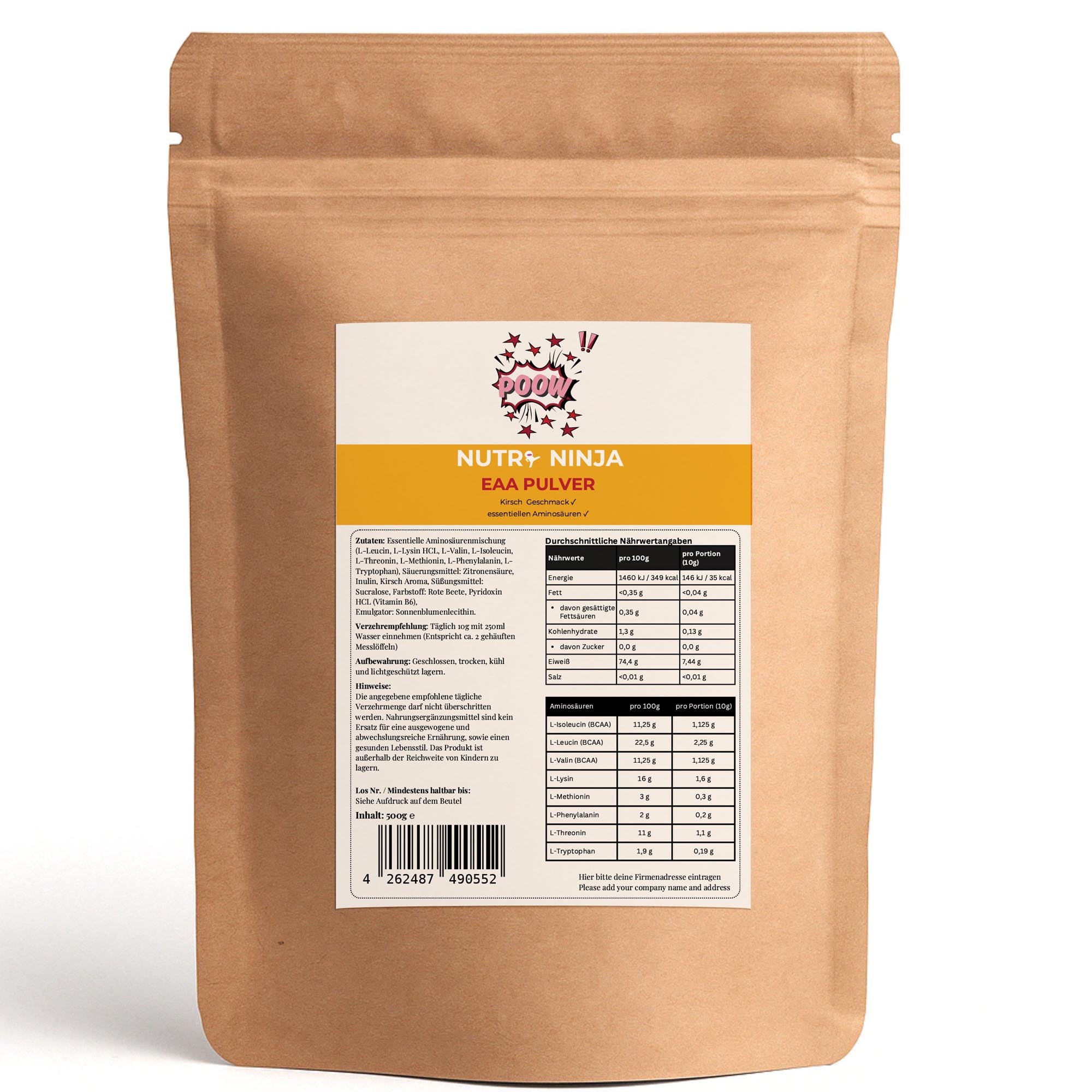 Braune Papiertüte mit NUTRI NINJA EAA Pulver; Zutatenliste, Verzehrempfehlung und Hinweisen;  500g;