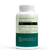 Weiße Flasche mit Nahrungsergänzungsmittel mit Schwarzkümmelöl, enthält 1000 mg Schwarzkümmelöl und 8 mg Vitamin E pro Tagesdosis;