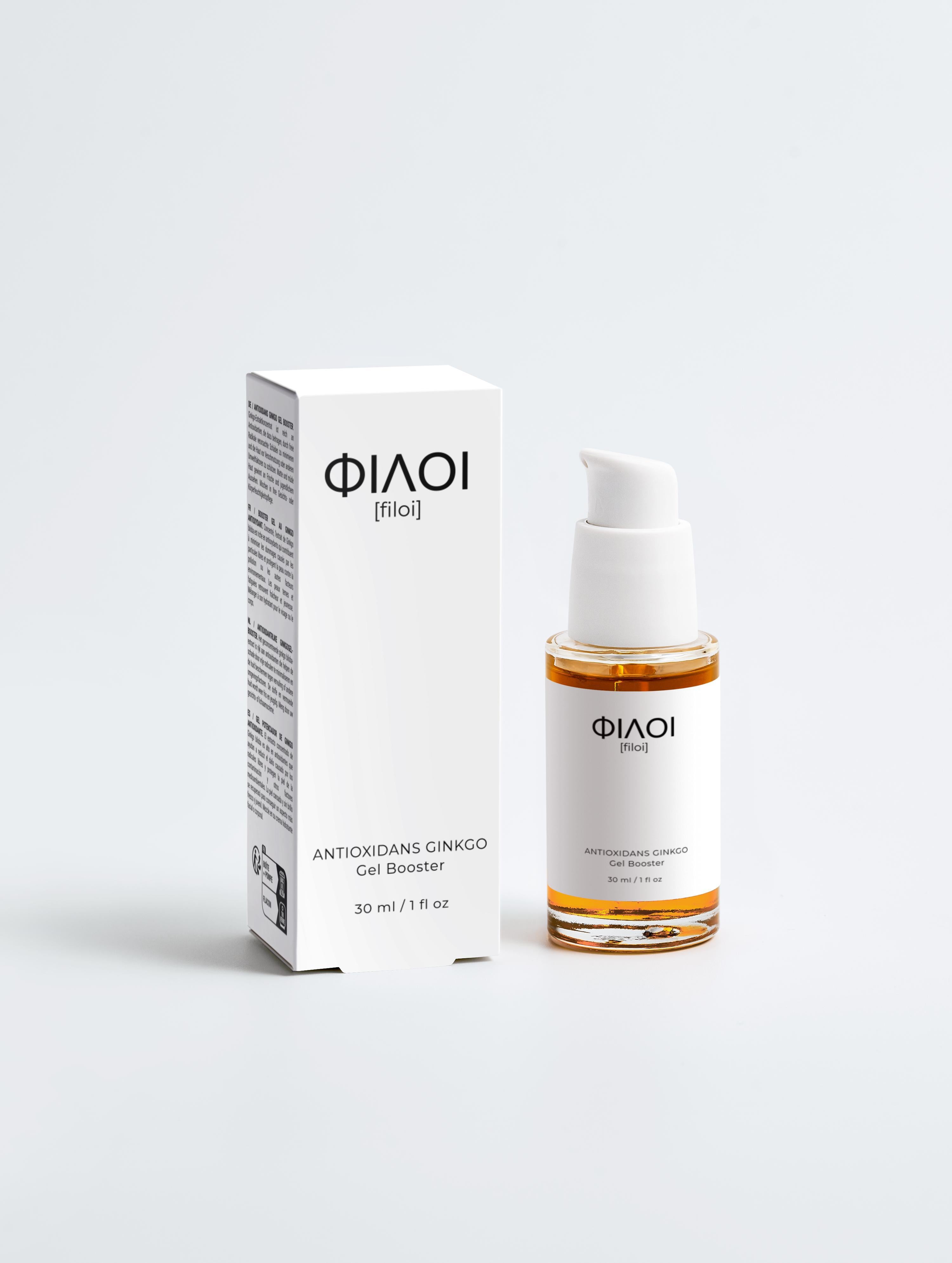 Flasche und Verpackung von Filoi Antioxidans Ginkgo Gel Booster, 30 ml;
