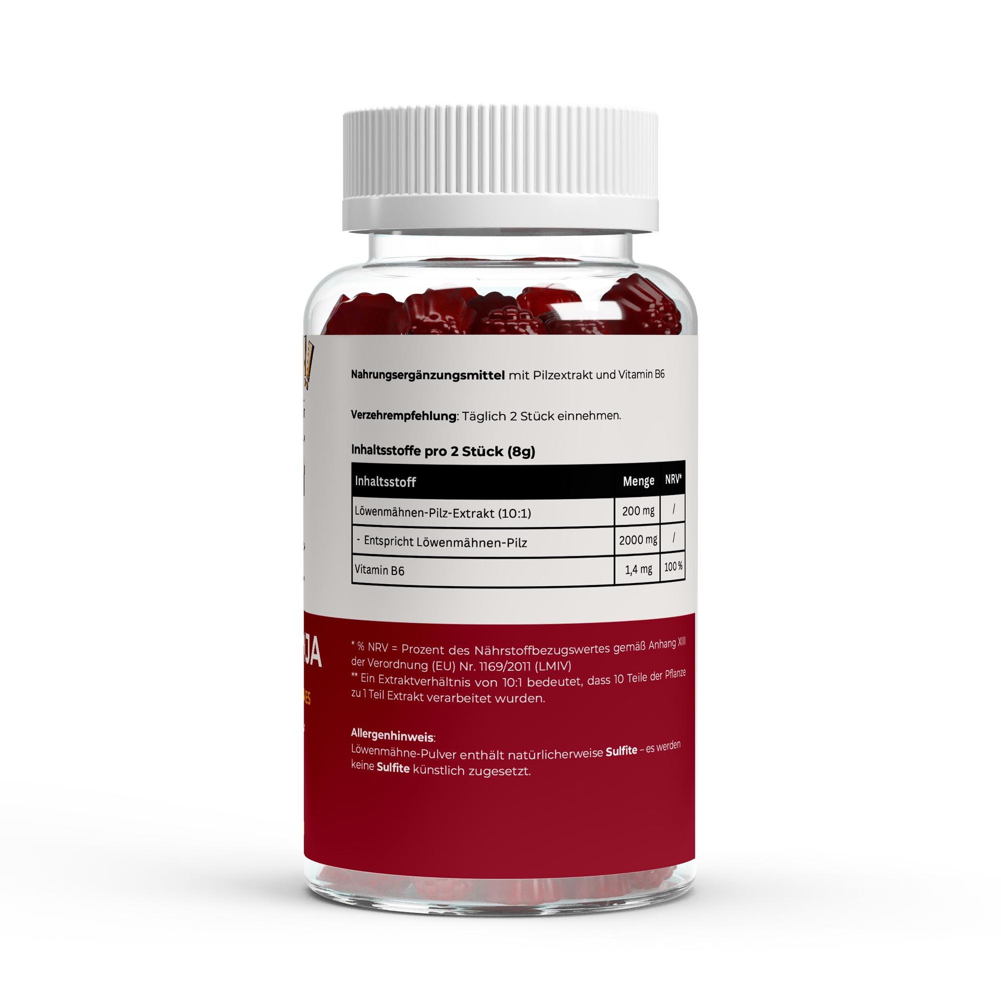 Transparente Flasche mit Nahrungsergänzungsmitteln, enthält Löwenmähnen-Pilz-Extrakt und Vitamin B6, Dosierungsempfehlung und Inhaltsstoffe auf Etikett;