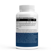 Weiße Kunststoffflasche mit Schraubverschluss, enthält 1 mg Melatonin pro Kapsel, Hinweise zur Einnahme;