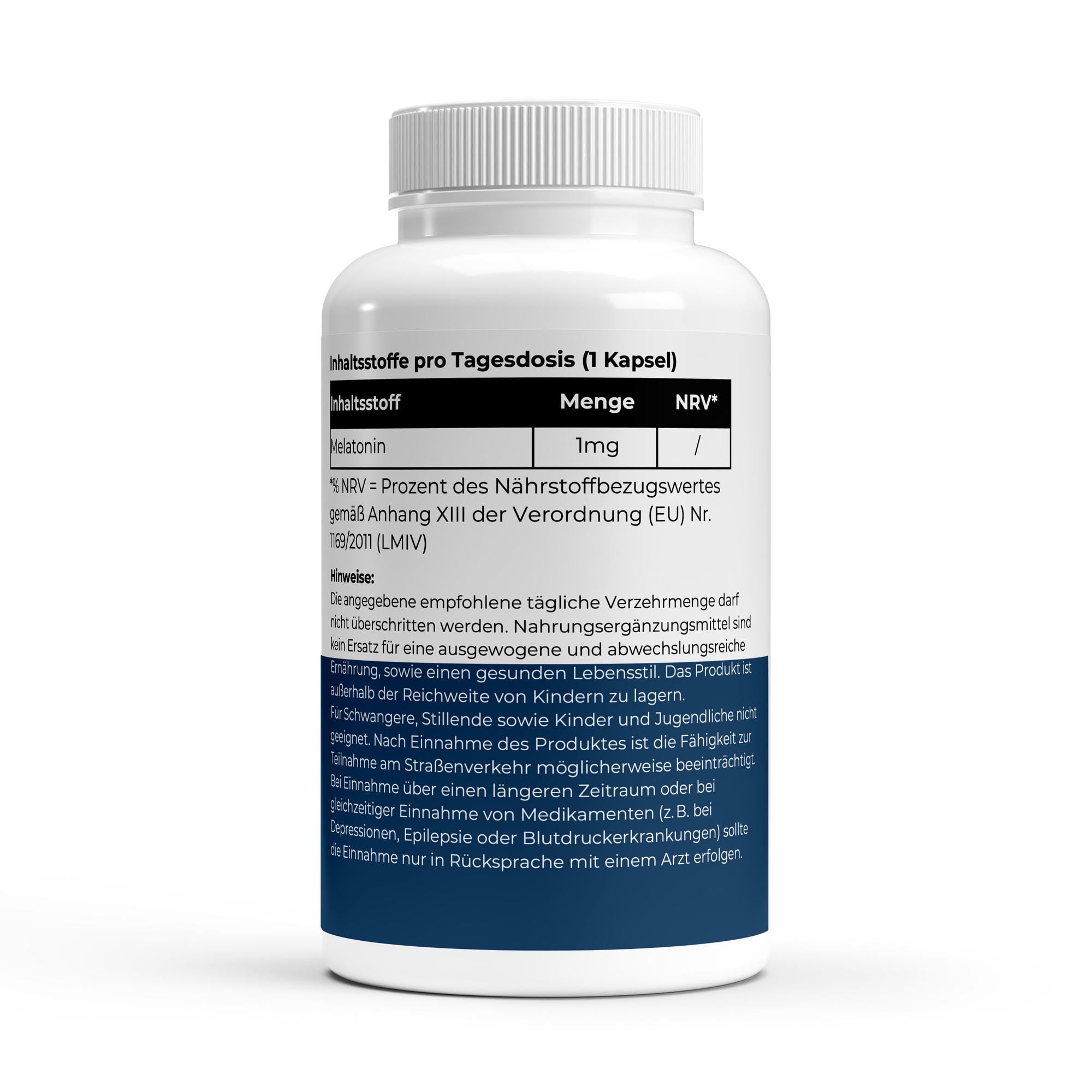 Weiße Kunststoffflasche mit Schraubverschluss, enthält 1 mg Melatonin pro Kapsel, Hinweise zur Einnahme;