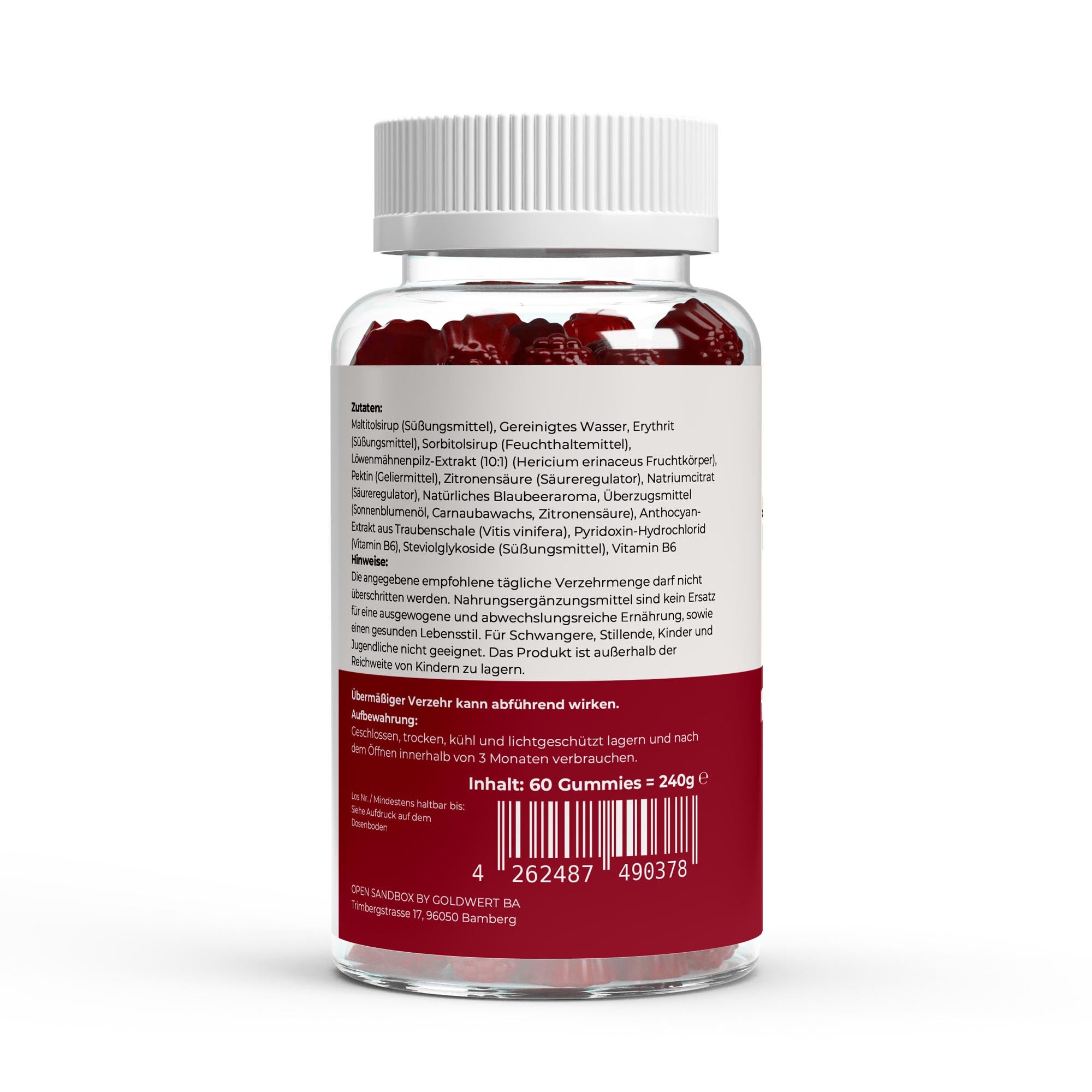 Transparente Flasche mit 240 Gramm roten Gummibärchen als Nahrungsergänzungsmittel, Rückseite mit Inhaltsstoffen und Hinweisen;