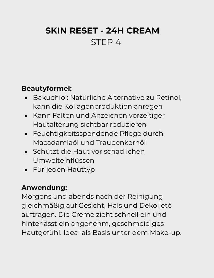 Textbeschreibung zur Skin Reset 24H Creme mit Beautyformel und Anwendungshinweisen;