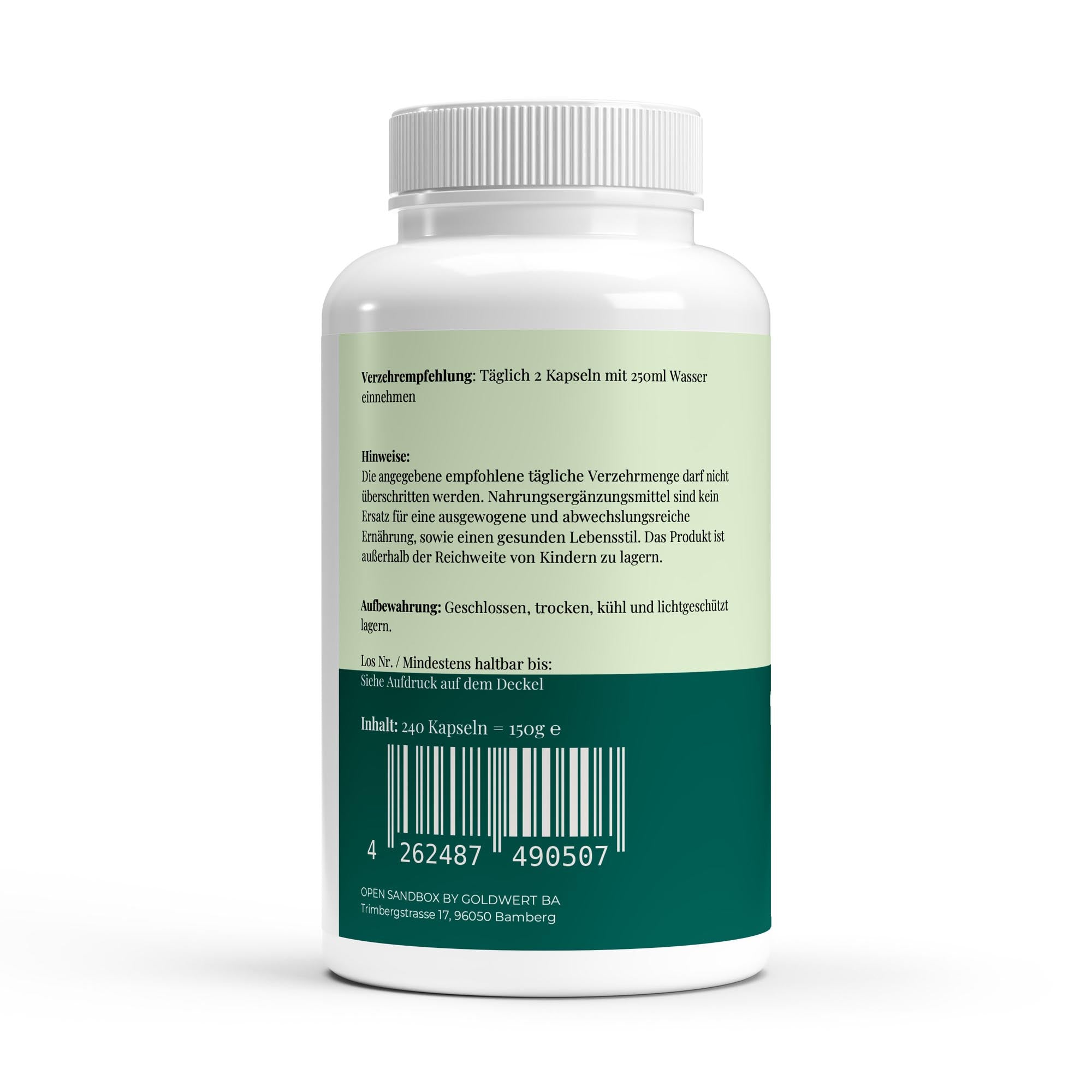 Rückseite einer weißen Nahrungsergänzungsmittel-Flasche mit Dosierungsanleitung, Hinweisen und Barcode;