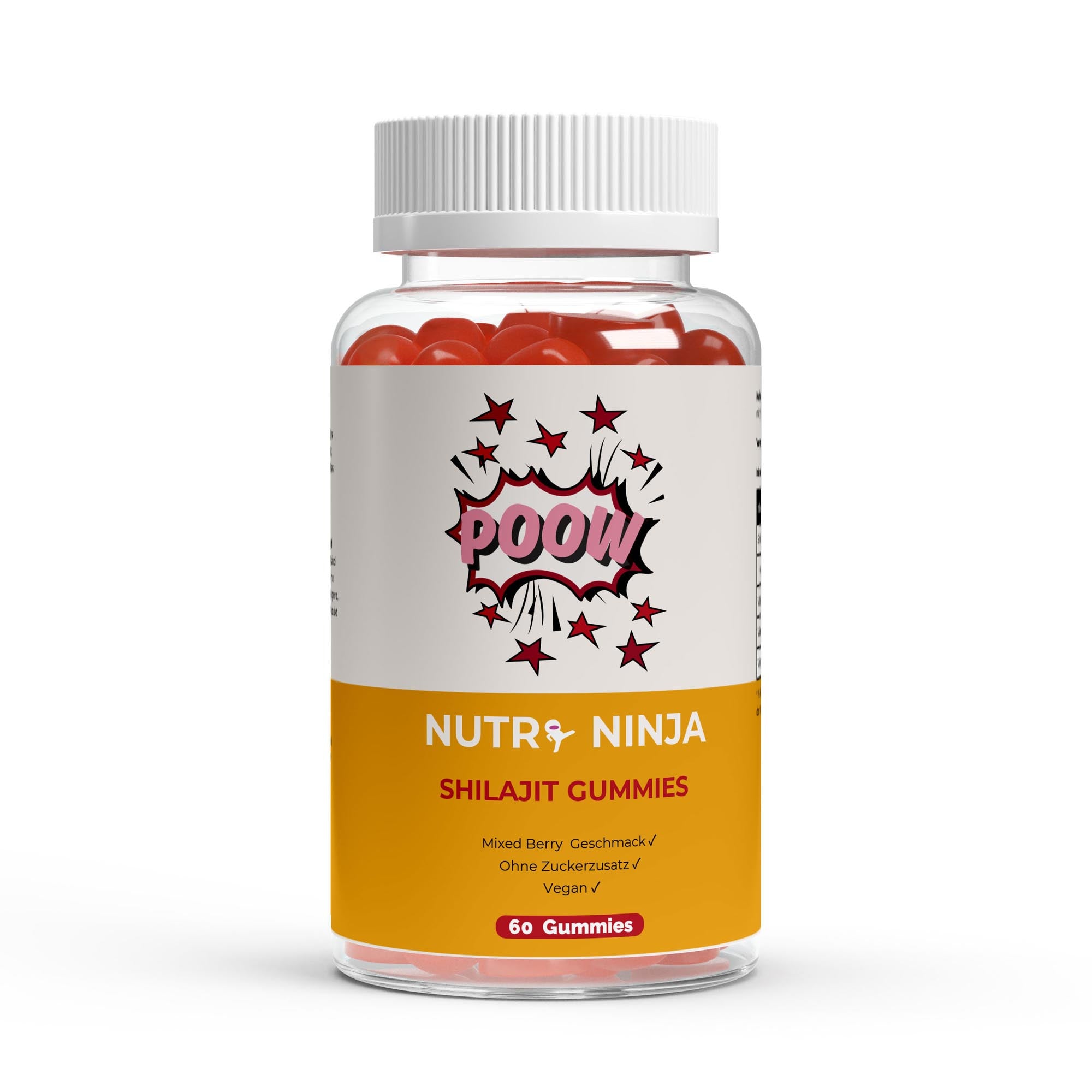 NUTRO NINJA Shilajit Gummies in einer transparenten Flasche mit weißem Deckel, 60 rote Gummibärchen, Mixed Berry Geschmack, vegan, ohne Zuckerzusatz;
