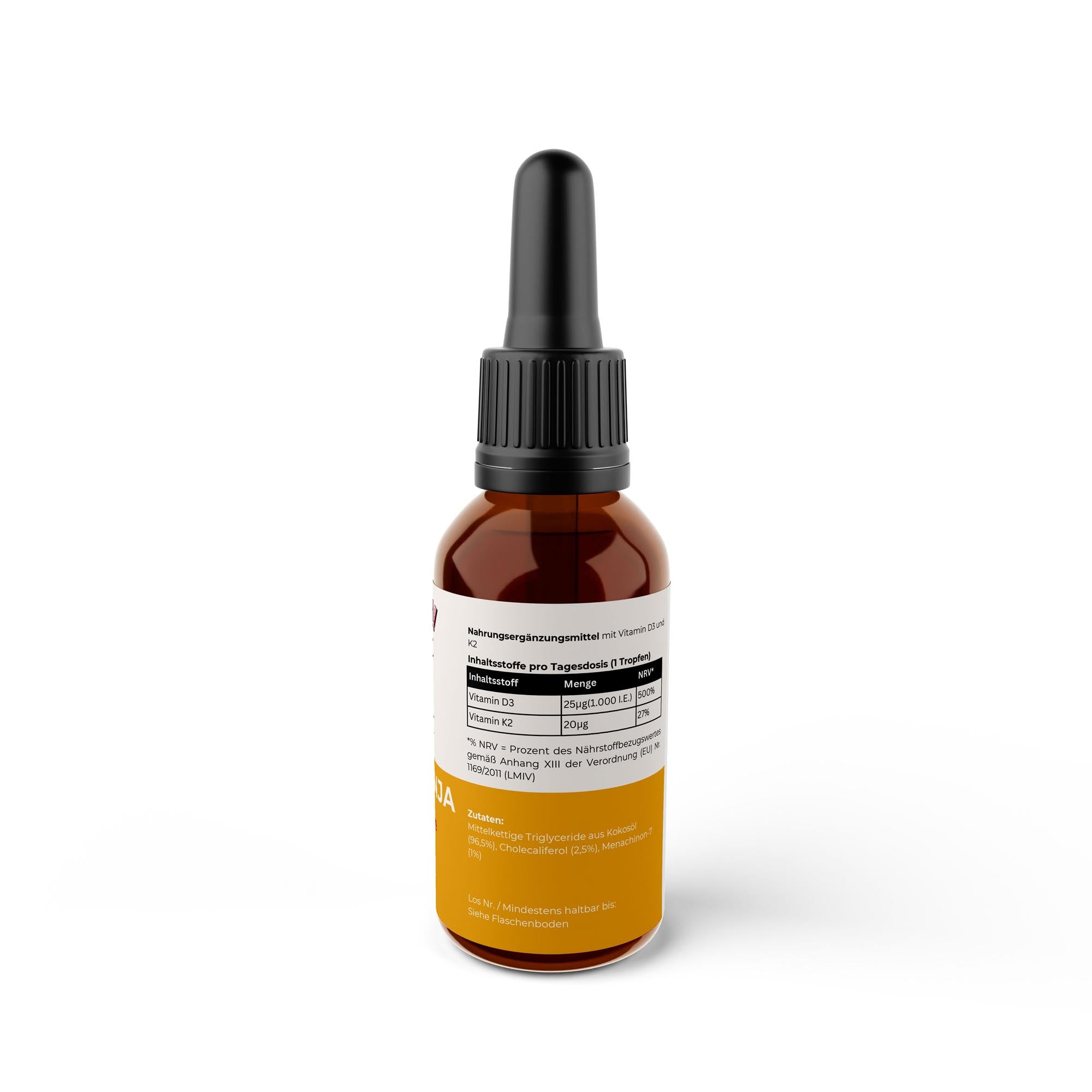 Braune Tropfflasche mit schwarzem Tropfer, enthält Nahrungsergänzungsmittel mit Vitamin D3, Etikett mit Inhaltsstoffen und Dosierung;