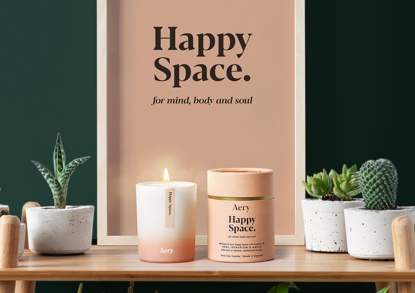 Aery "Happy Space" Kerze und Verpackung stehen auf einem Holzregal, daneben drei kleine Sukkulenten;