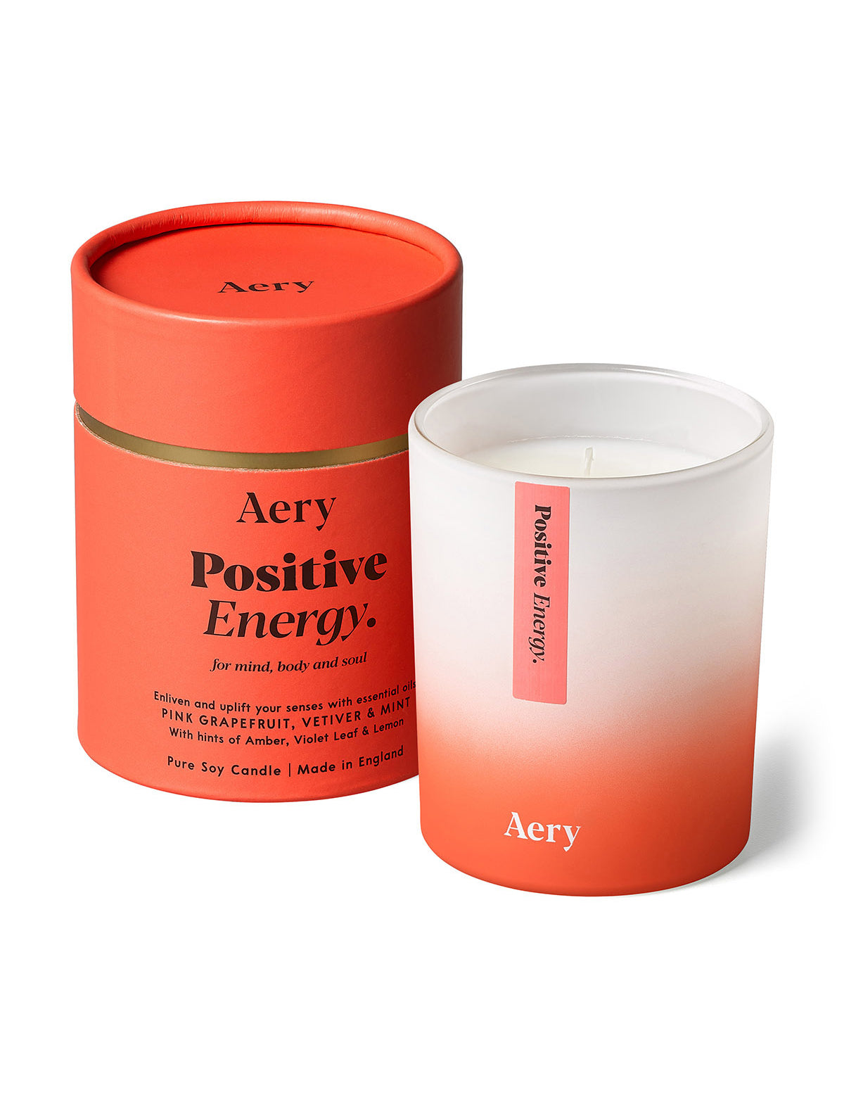 Aery Aromatherapie-Kerze 'Positive Energy' in weiß-orangem Glas mit passender runder Verpackung;