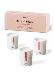 Aery Happy Space Duftkerzen-Set mit drei weißen Sojawachskerzen und rosa Verpackung für Geist, Körper und Seele;