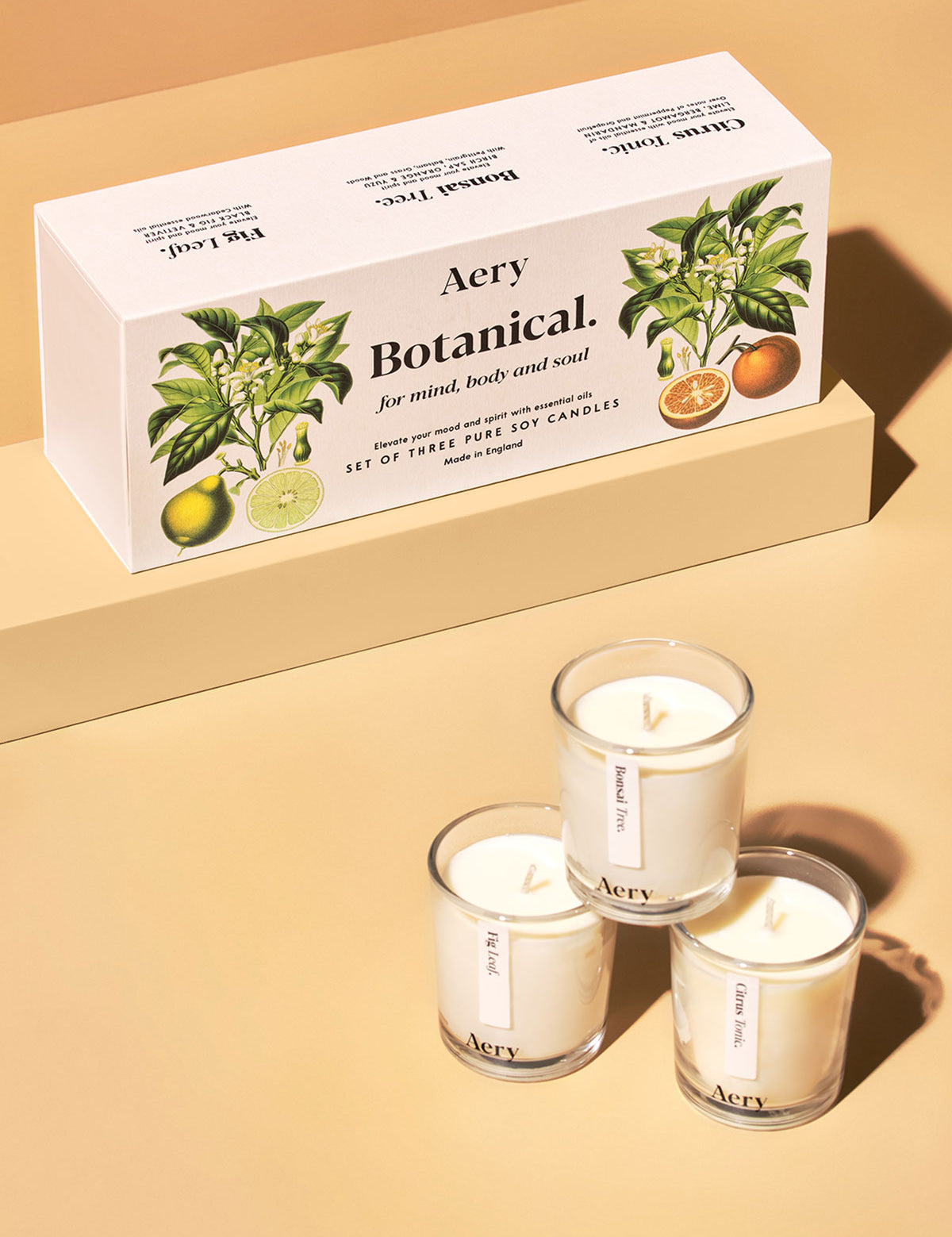 Aery Botanical Geschenkset mit drei weißen Sojakerzen in Glasbehältern und Verpackung mit Zitronen- und Orangenillustrationen;