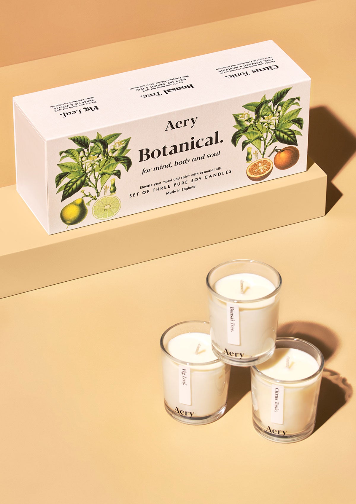 Aery Botanical Geschenkset mit drei weißen Sojakerzen in Glasbehältern und Verpackung mit Zitronen- und Orangenillustrationen;