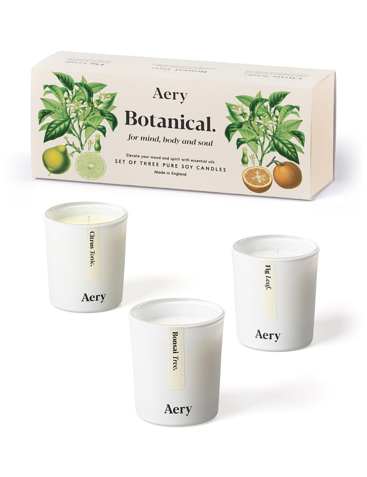 Aery Botanical Geschenkset mit drei weißen Sojakerzen in Glasbehältern und Verpackung mit Zitronen- und Orangenillustrationen;