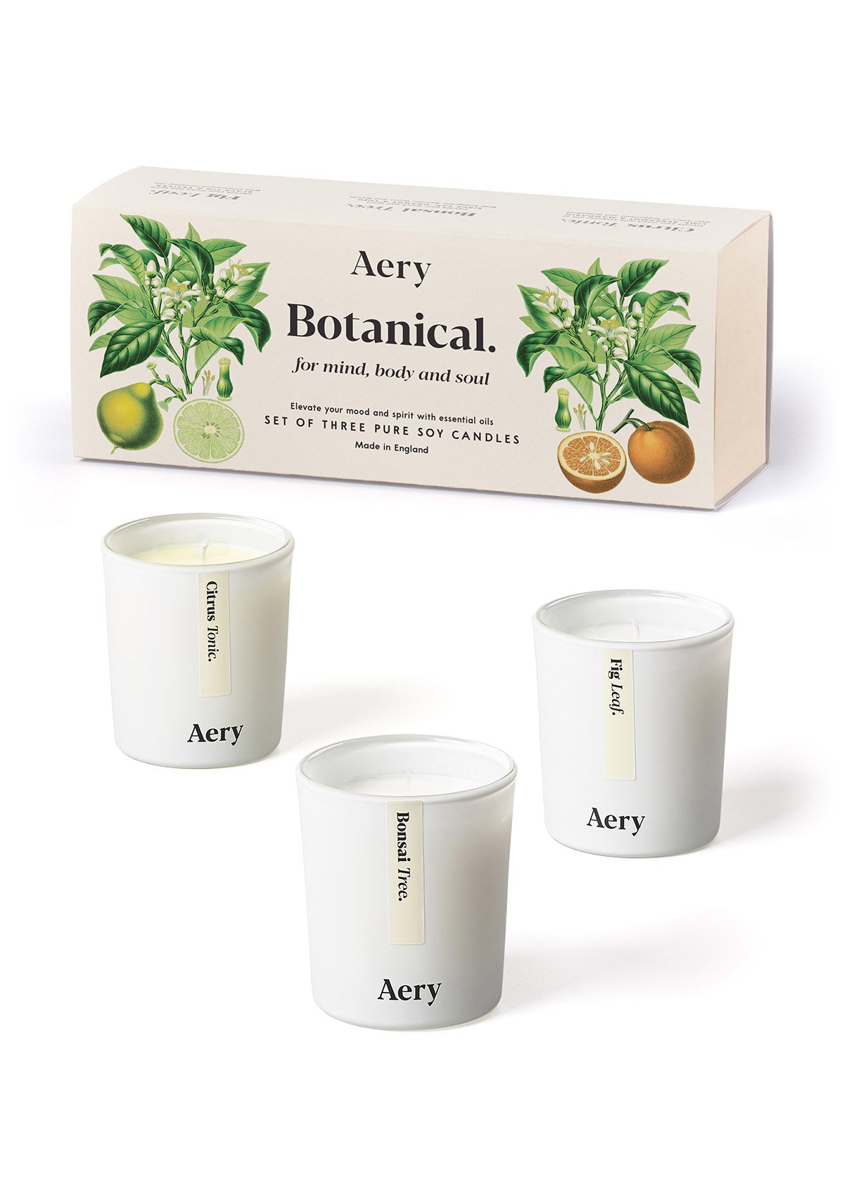 Aery Botanical Geschenkset mit drei weißen Sojakerzen in Glasbehältern und Verpackung mit Zitronen- und Orangenillustrationen;