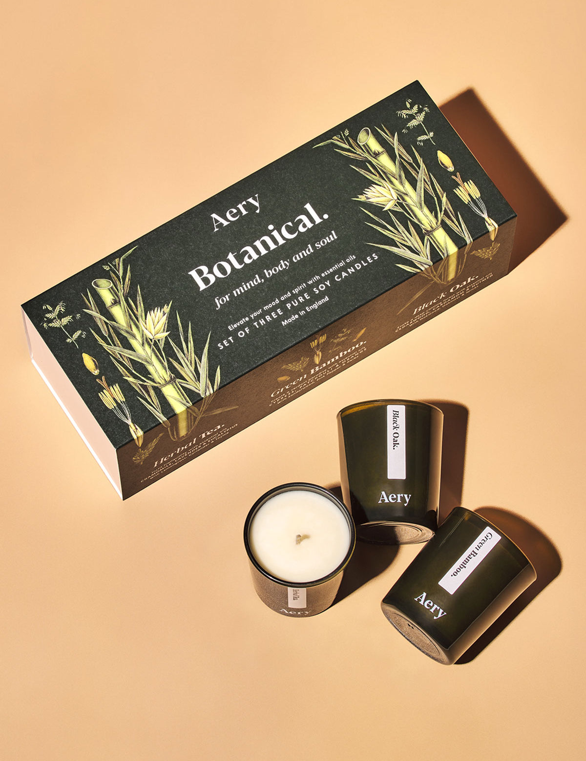 Aery Botanical Geschenkset mit drei grünen Kerzen in Glasbehältern und Verpackung mit Pflanzenillustrationen;