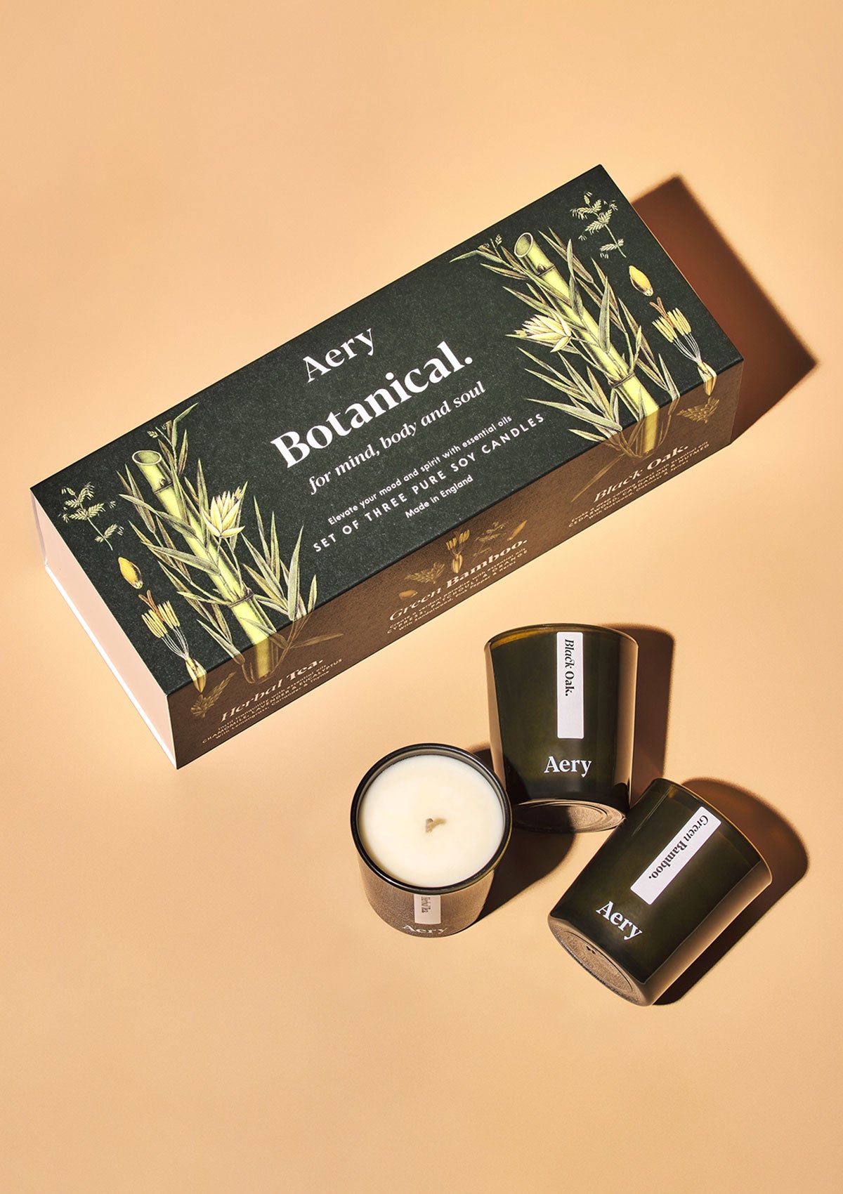 Aery Botanical Geschenkset mit drei grünen Kerzen in Glasbehältern und Verpackung mit Pflanzenillustrationen;