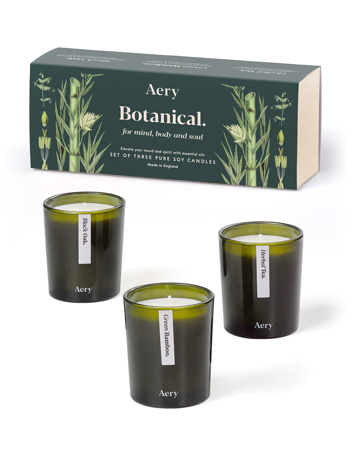 Aery Botanical Geschenkset mit drei grünen Kerzen in Glasbehältern und Verpackung mit Pflanzenillustrationen;