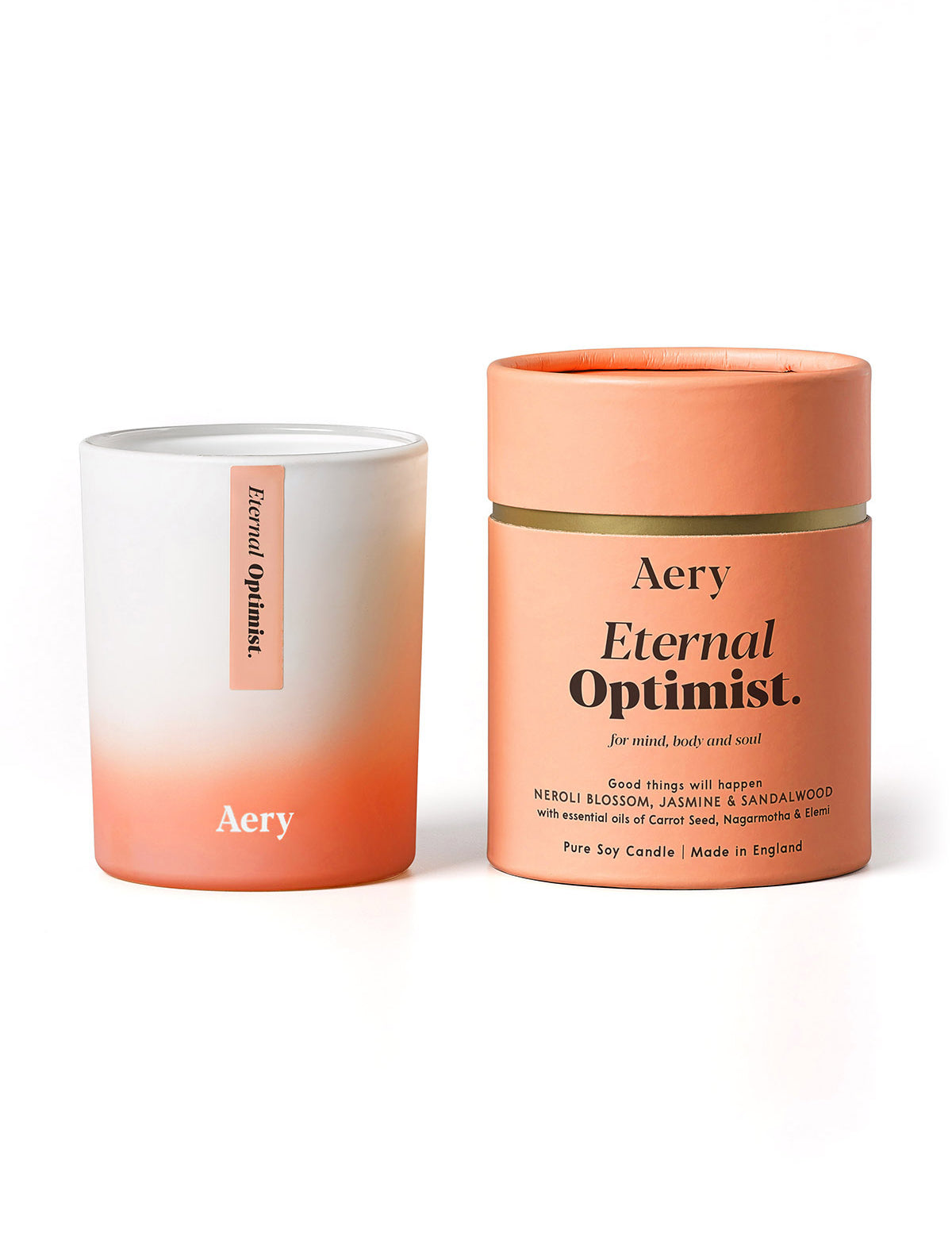Aery Aromatherapy Duftkerze 'Eternal Optimist' in rosa-weißem Glas mit passender runder Verpackung;
