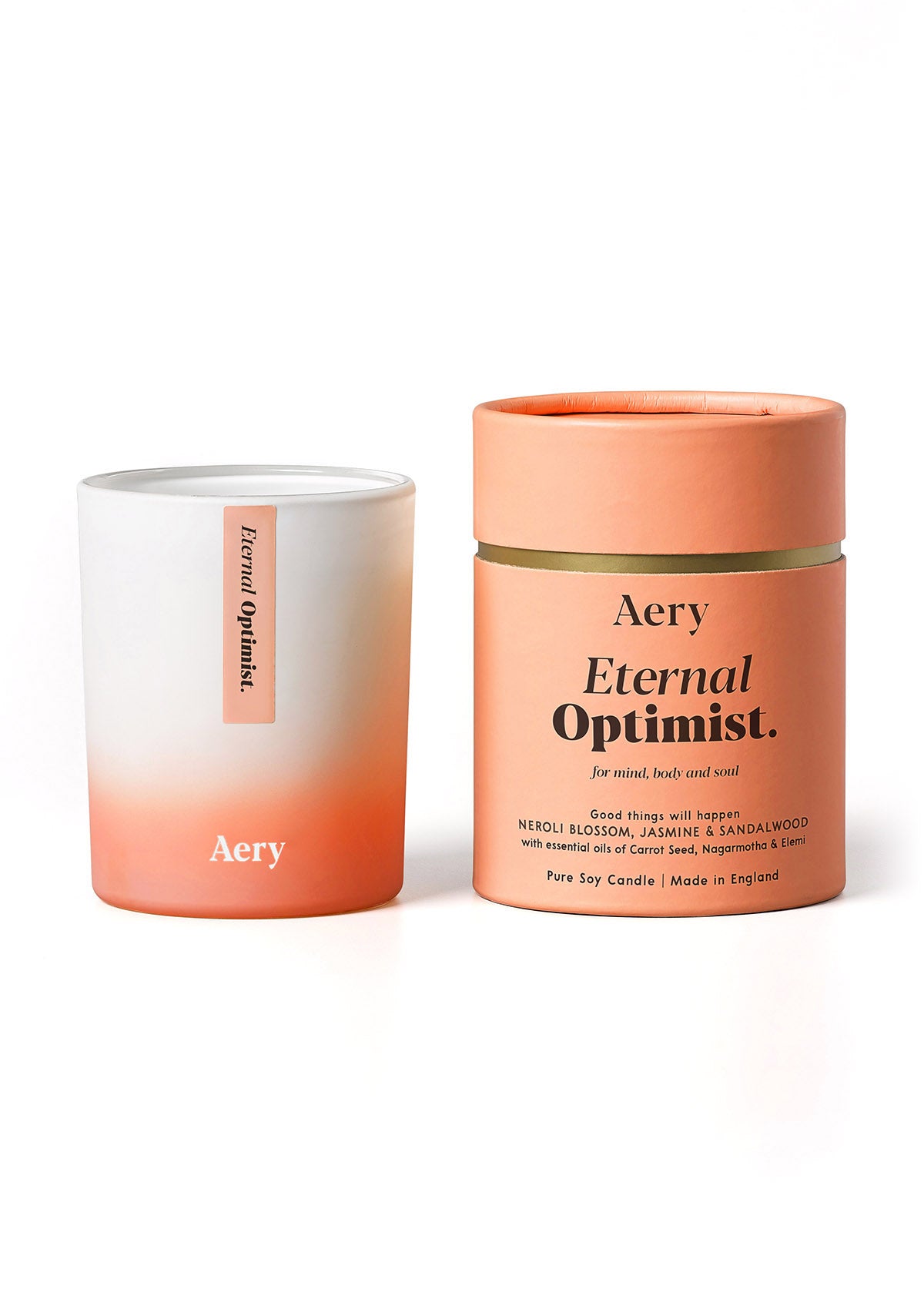 Aery Aromatherapy Duftkerze 'Eternal Optimist' in rosa-weißem Glas mit passender runder Verpackung;