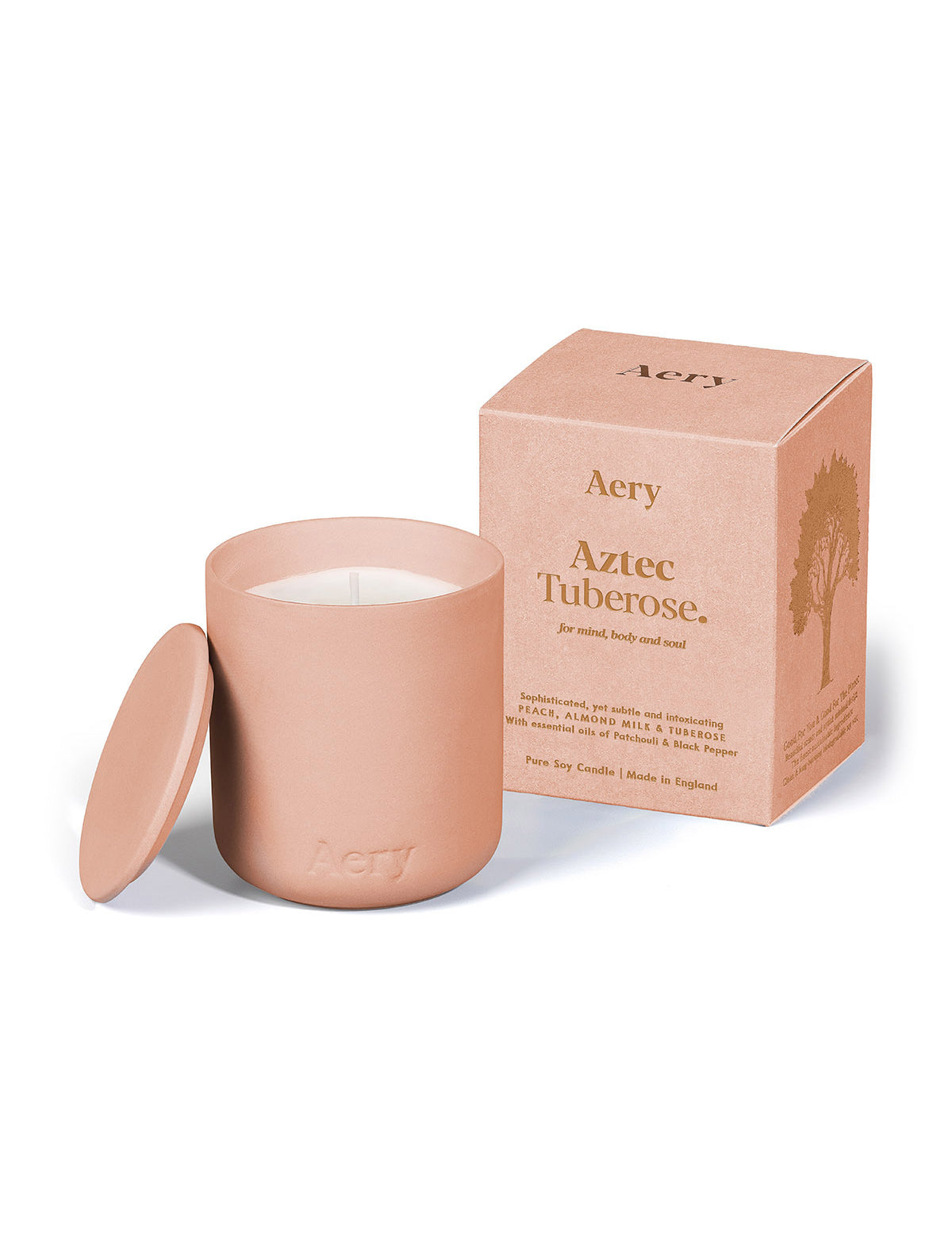 Aery Duftkerze Aztec Tuberose in mattem rosa Keramikgefäß mit passendem Deckel und Verpackung mit Baumillustration;