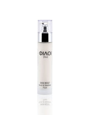 Flasche mit FILOI Skin Reset Fluid für Hals und Dekolleté, weiß mit silbernem Pumpspender;