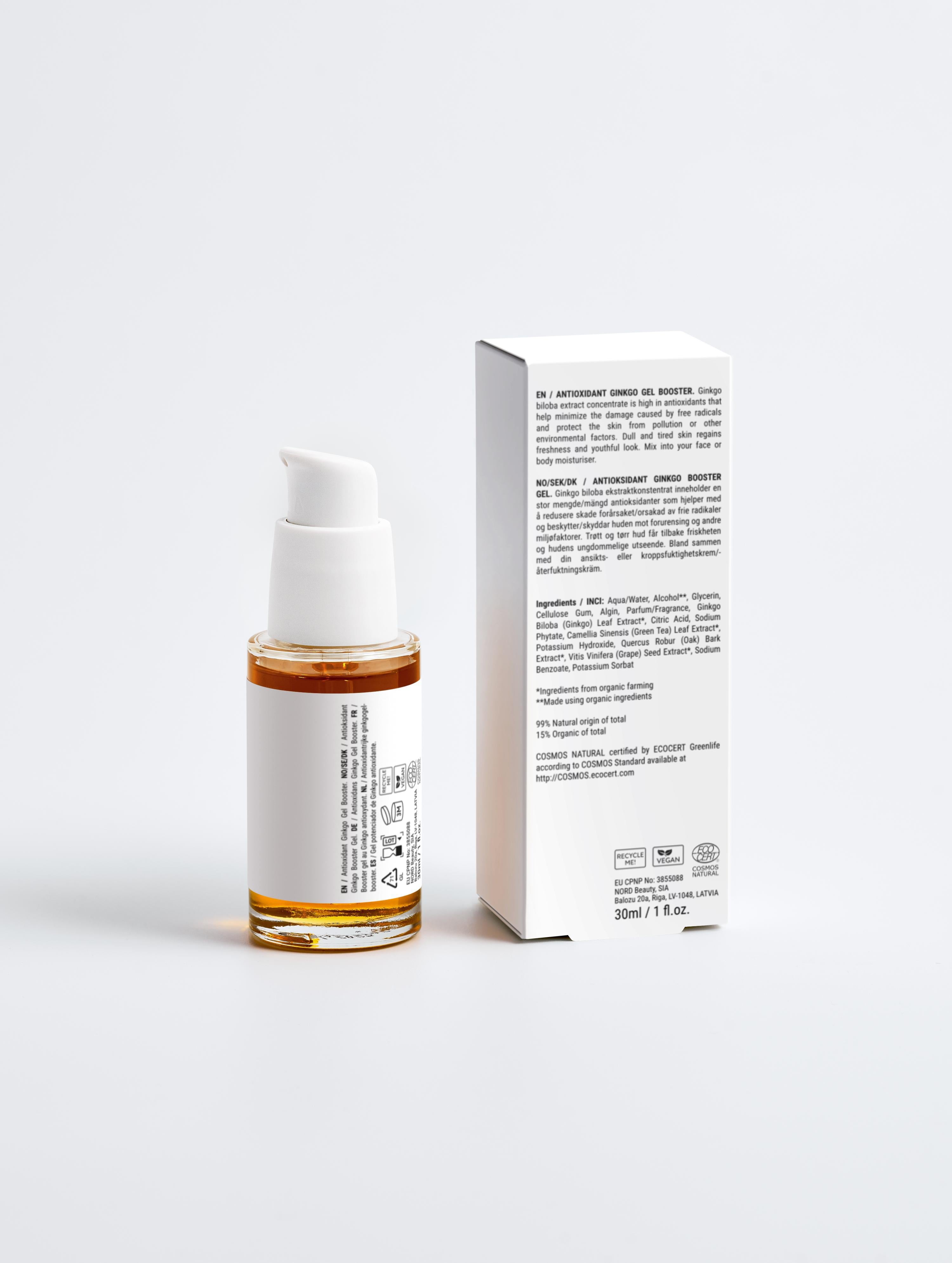 Kleines Glasfläschchen mit Pumpspender und weiße Verpackung mit Inhaltsstoffliste für Antioxidantien-Serum;