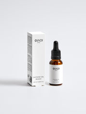 Braune Glasflasche mit Pipette und weißer Verpackung des Koffein-Gels 'ΦΙΛΟΙ [filoi]' mit 20 ml Inhalt;