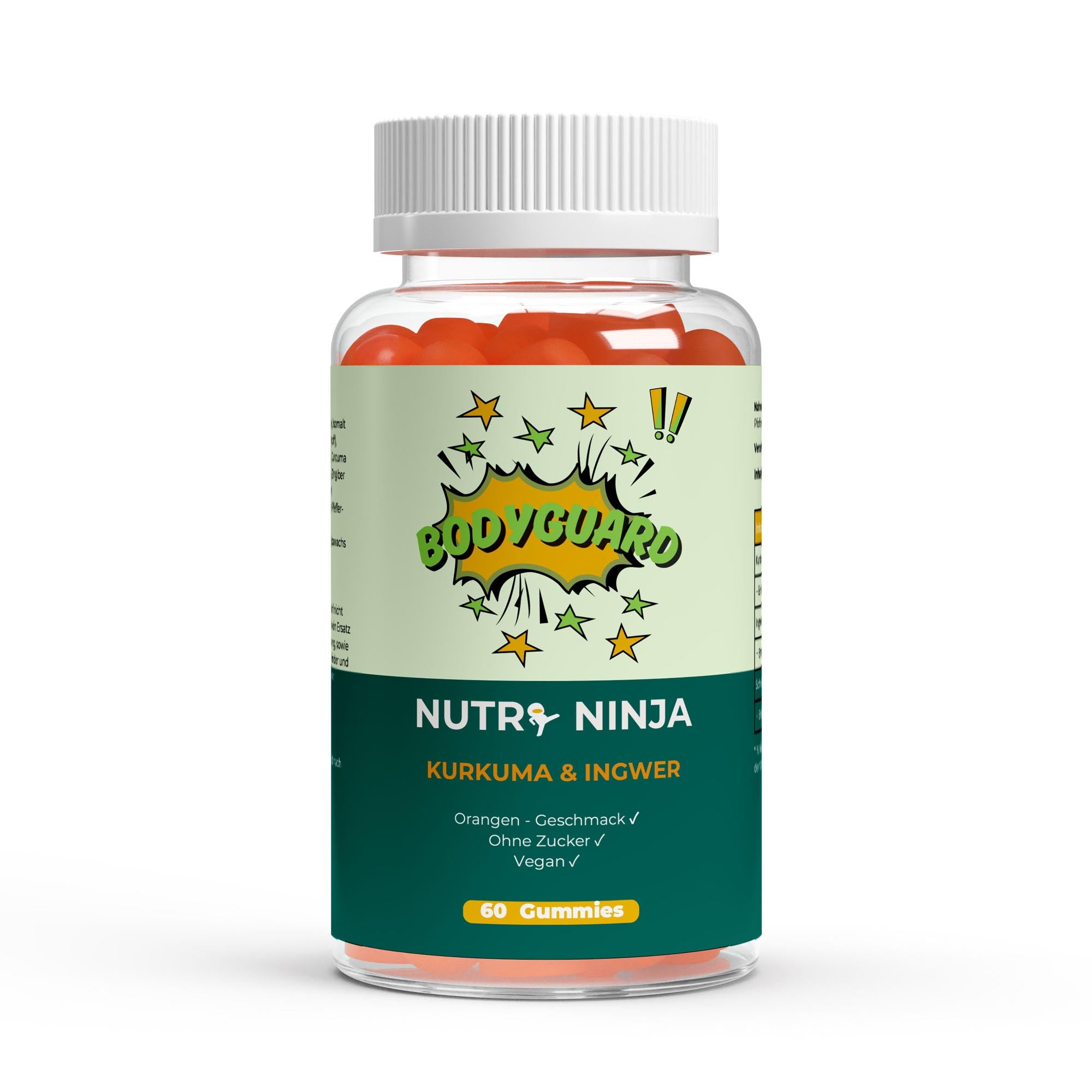 NUTRI NINJA Bodyguard, Kurkuma und Ingwer, 60 vegane, zuckerfreie rote Gummibärchen in durchsichtigem Kunststoffbehälter mit weißem Deckel;