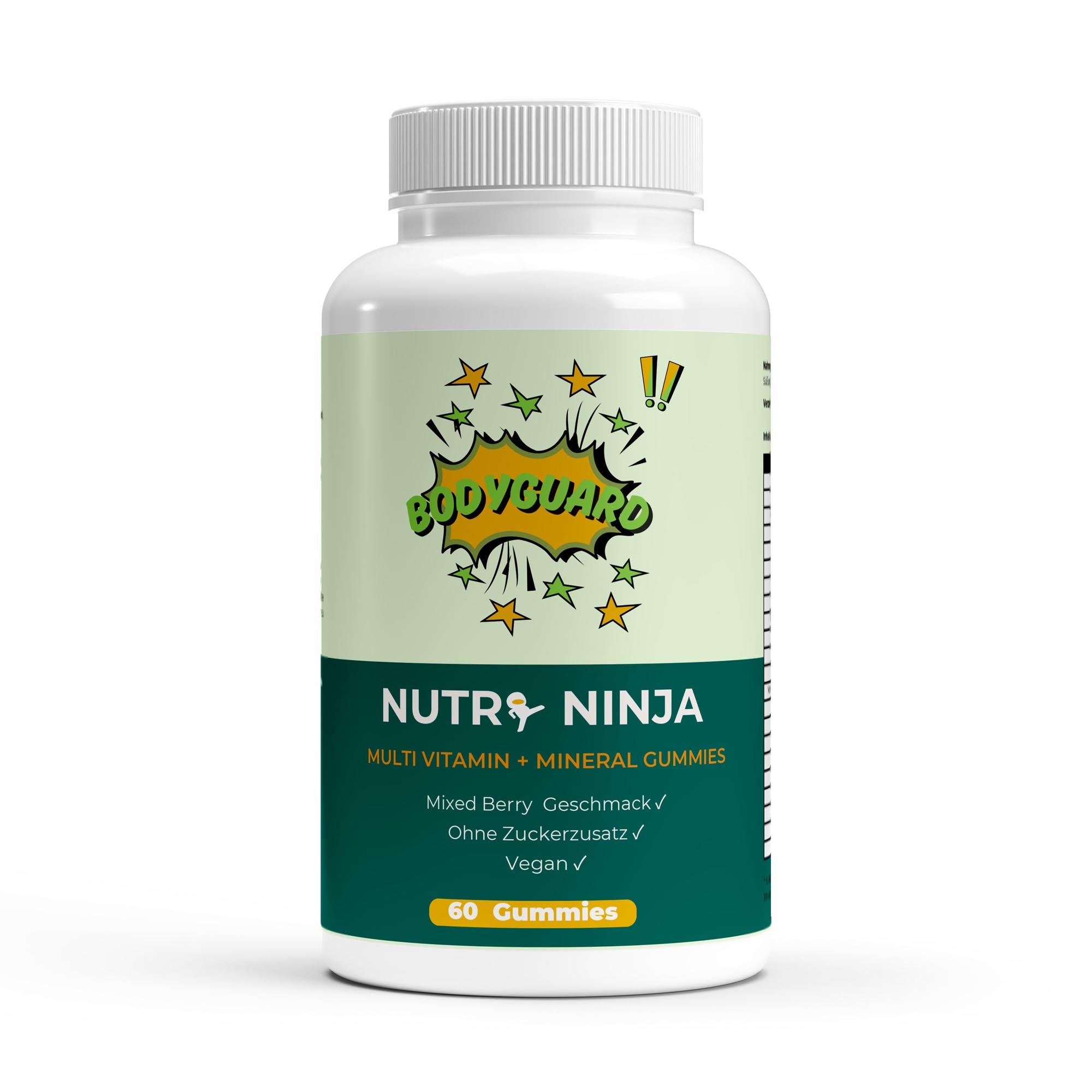 Weißer Kunststoffbehälter mit Deckel, Aufschrift 'Bodyguard Nutri Ninja Multivitamin + Mineral Gummies', 60 Gummies, Geschmack Mixed Berry, ohne Zuckerzusatz, vegan;