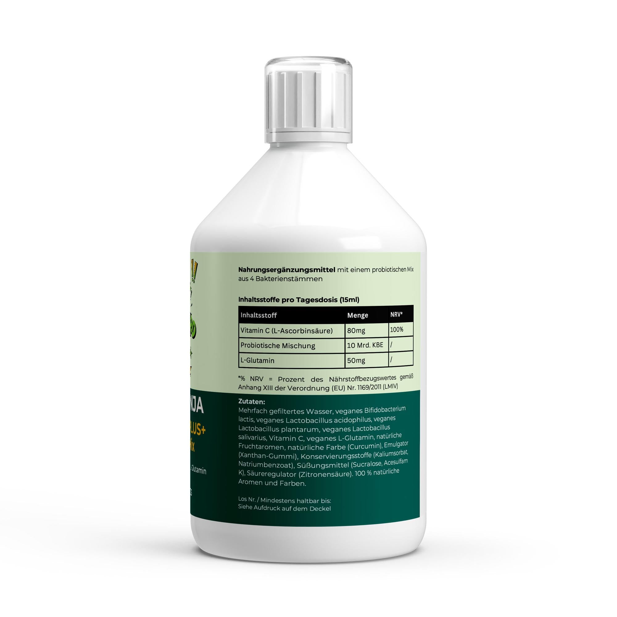 Flasche mit Nahrungsergänzungsmittel, enthält Vitamin C, probiotische Mischung und L-Glutamin, Zutatenliste und Nährwertangaben auf dem Etikett;