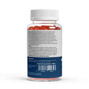 Transparente Flasche mit roten Gummibärchen, Rückseite mit Zutatenliste und Verzehrempfehlung, 60 Gummies, 180 Gramm;


