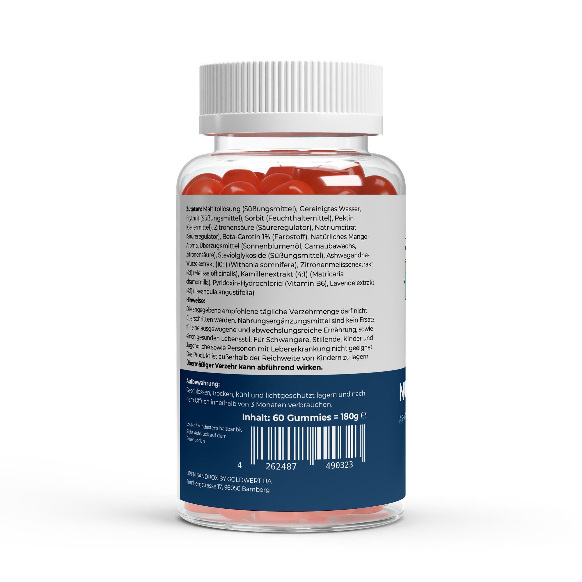 Transparente Flasche mit roten Gummibärchen, Rückseite mit Zutatenliste und Verzehrempfehlung, 60 Gummies, 180 Gramm;


