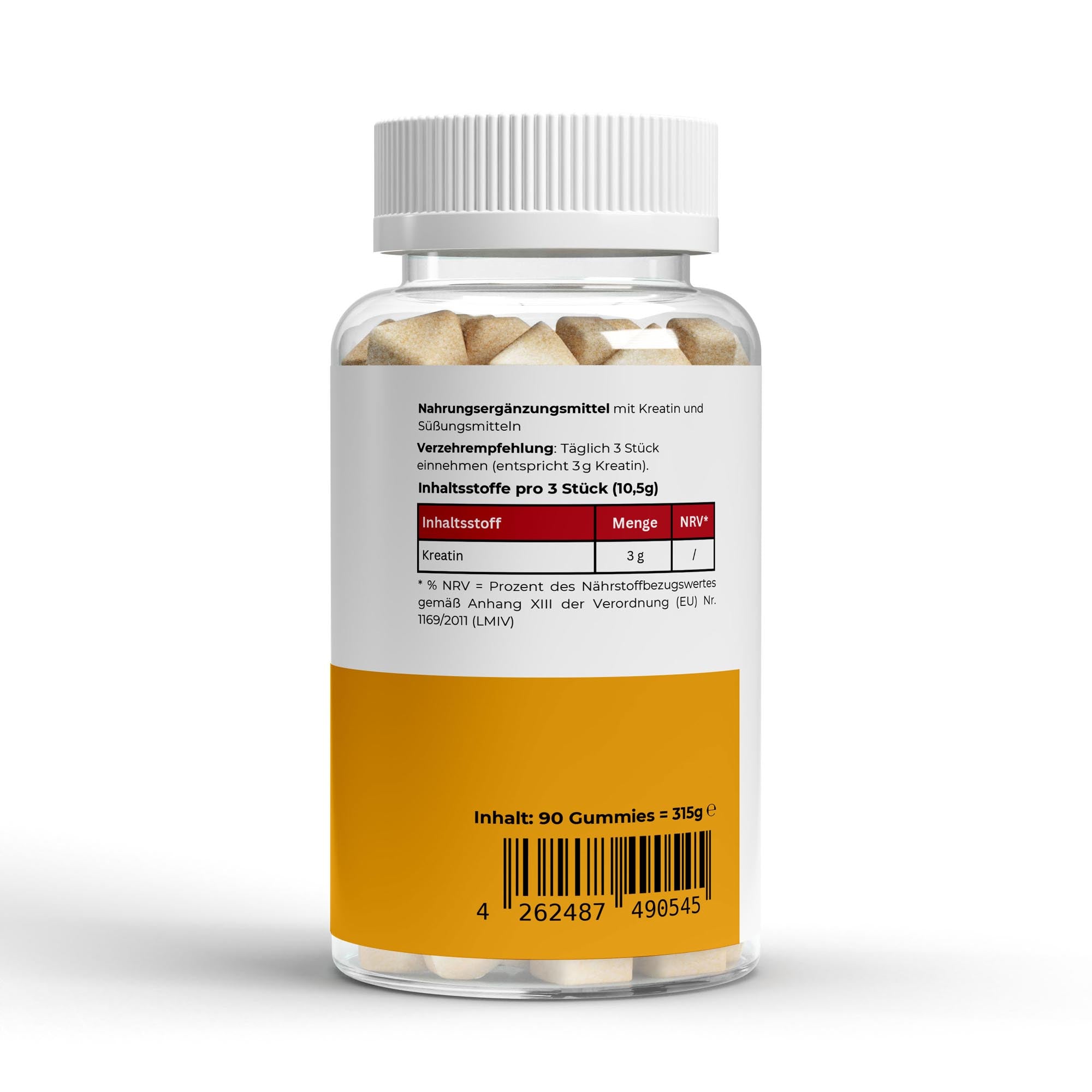 Flasche mit 90 gelben Kreatin-Gummies als Nahrungsergänzung, 315 Gramm, mit Dosierungsempfehlung und Inhaltsstoffangabe auf dem Etikett;