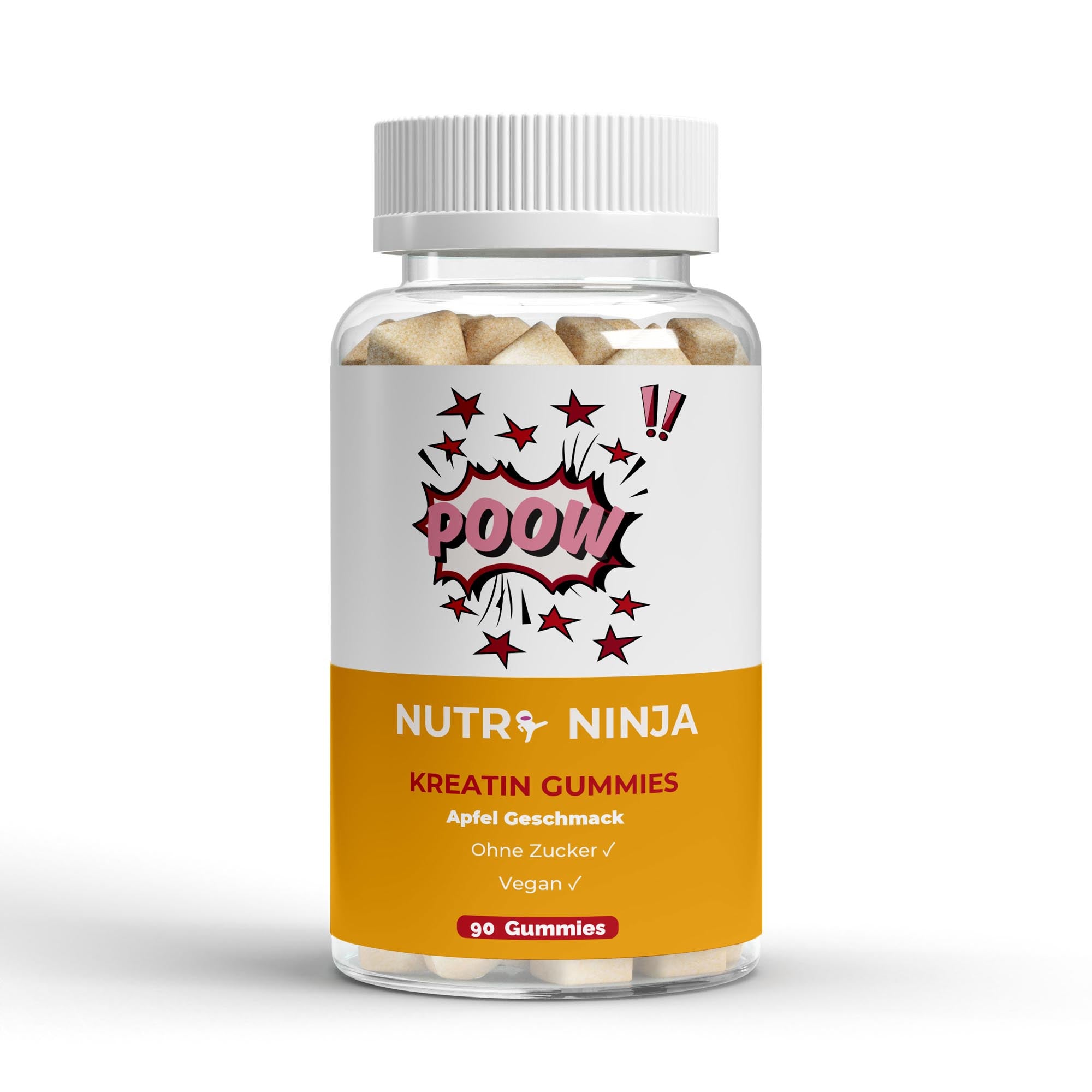 Nutri Ninja Kreatin Gummies mit Apfelgeschmack, zuckerfrei und vegan, 90 Stück in durchsichtigem Plastikbehälter;