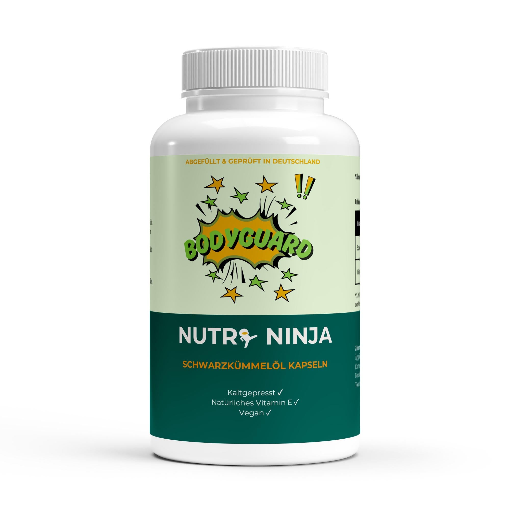 Flasche mit Bodyguard Nutro Ninja Schwarzkümmelöl Kapseln, vegan, kaltgepresst, mit natürlichem Vitamin E;