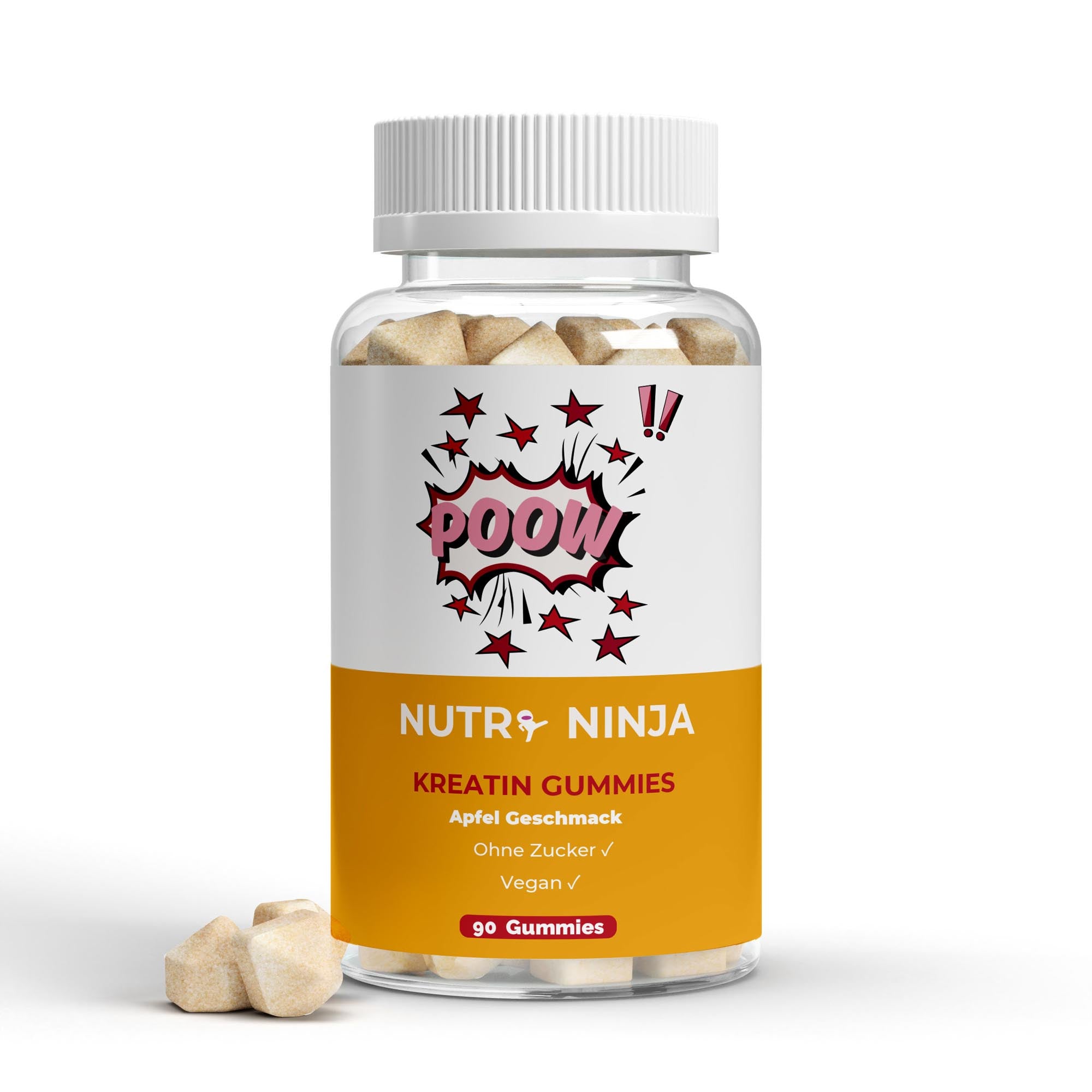 Nutri Ninja Kreatin Gummies mit Apfelgeschmack, zuckerfrei und vegan, 90 Stück in durchsichtigem Plastikbehälter;