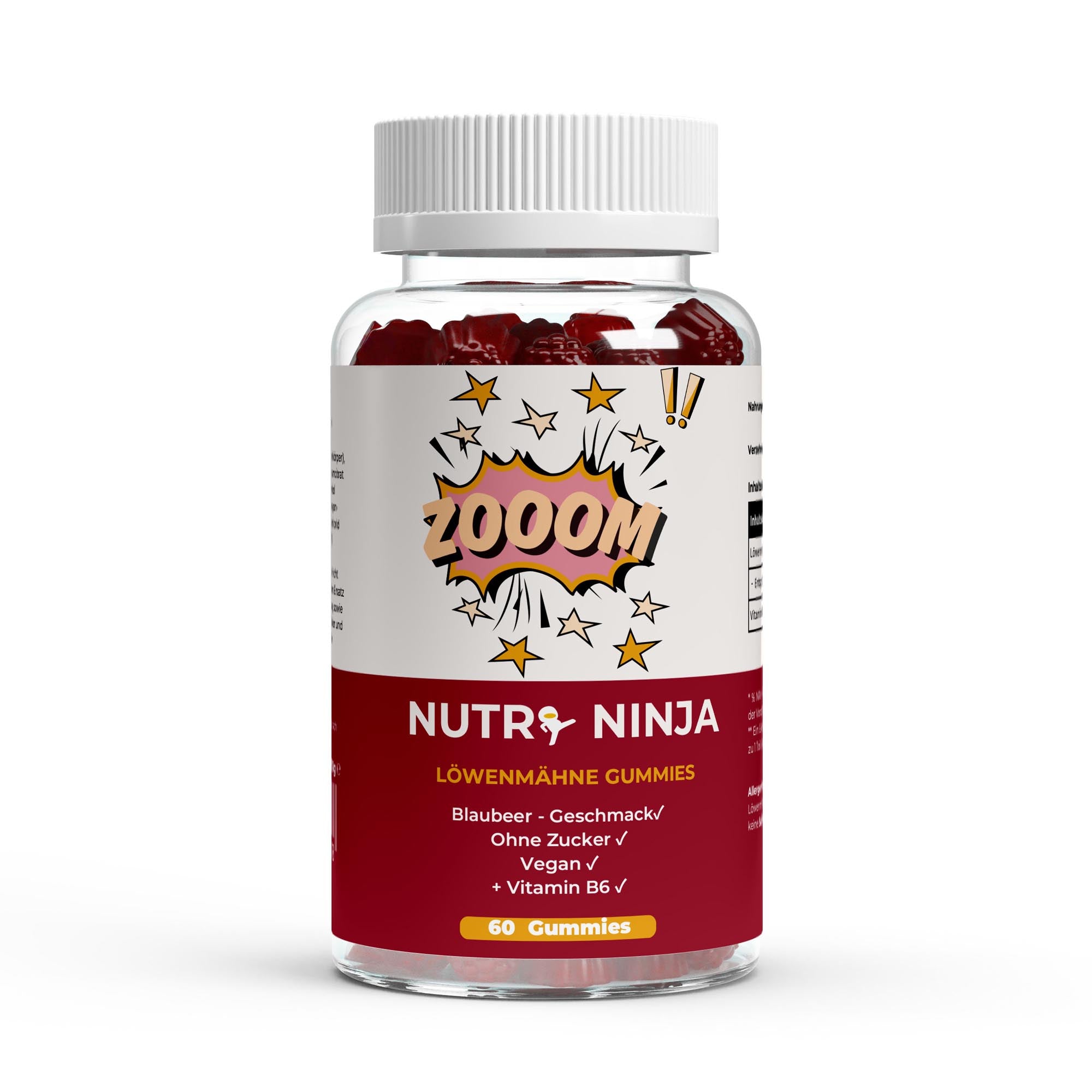 Nutri Ninja Löwenmähne Gummies in transparenter Flasche mit weißem Deckel, Blaubeer-Geschmack, vegan, ohne Zucker, mit Vitamin B6, 60 Stück;